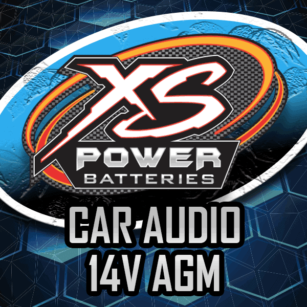Logo for XS Power Batteries with the text Car Audio 14V AGM on a textured blue and black background.
