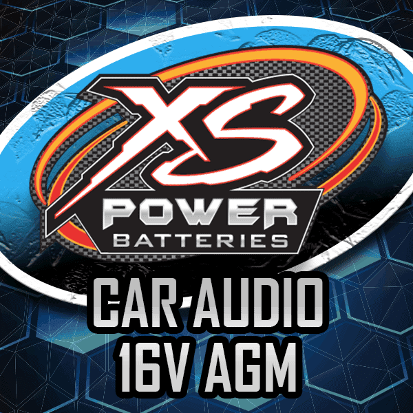 Logo of XS Power Batteries, featuring bold text with Car-Audio 16V AGM on a textured background with blue and orange accents.