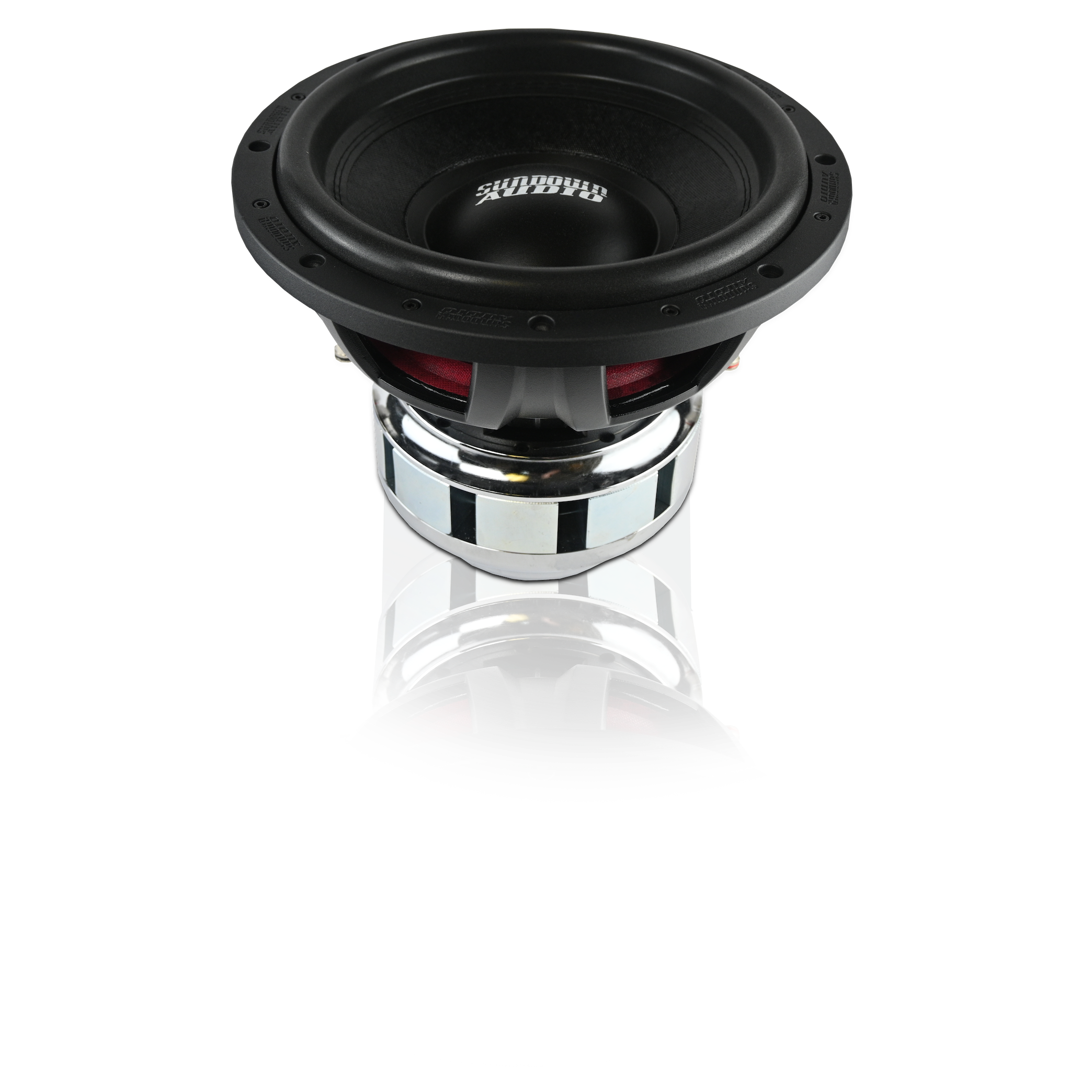 The Compact Neo V3 12 subwoofer by Sundown Audio features a powerful 500-watt amplifier, is mounted on a shiny chrome stand with dual cylindrical sections, and sports a visible brand name on its diaphragm. Its complemented by a neodymium motor, all set against a plain white background.