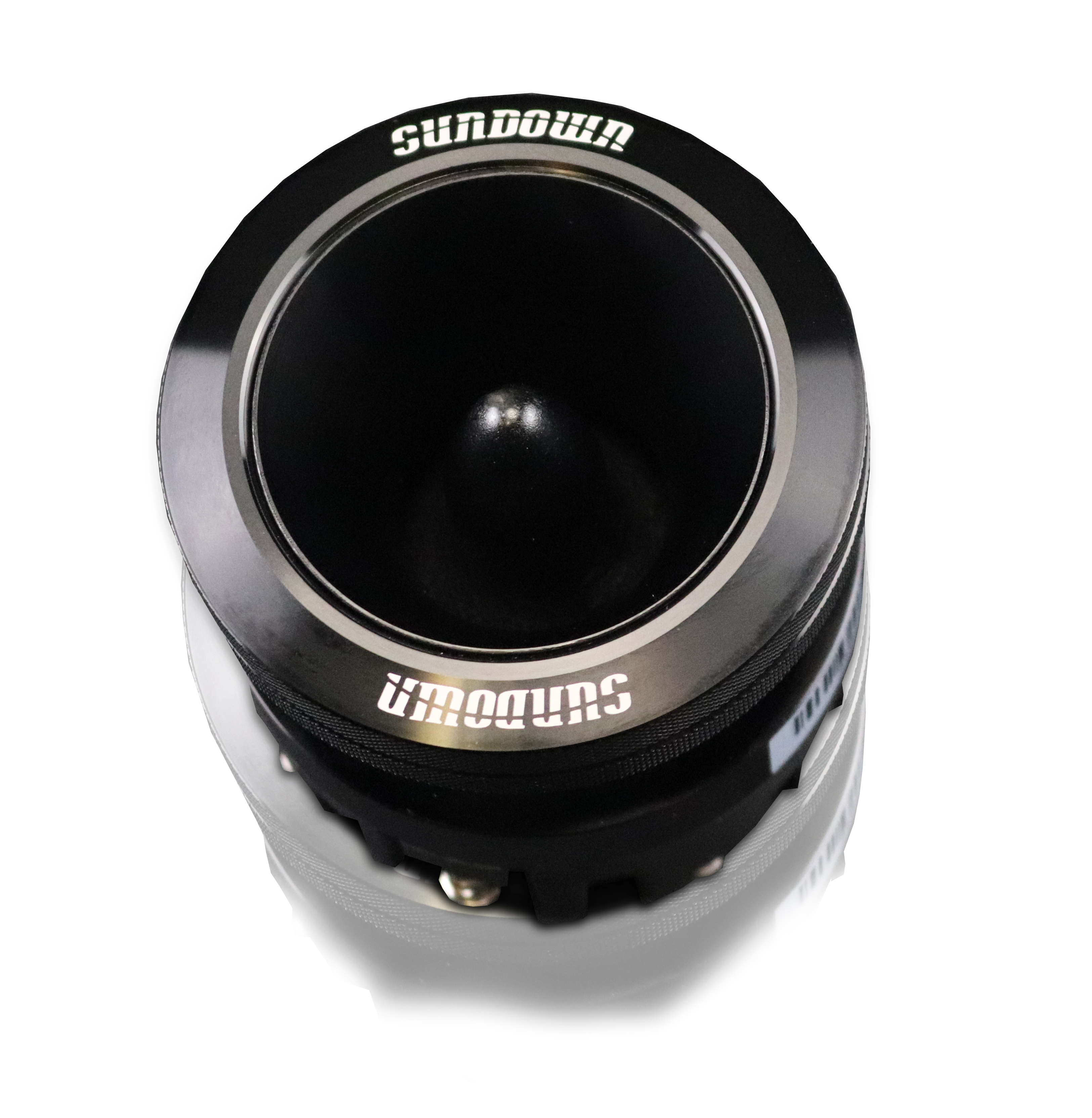 Top view close-up of Sundown Audios HF-R35 speaker. Sundown is printed in white on the rim, and the glossy cone reflects light, emphasizing its 150W RMS power and 4-ohm impedance against a plain background.