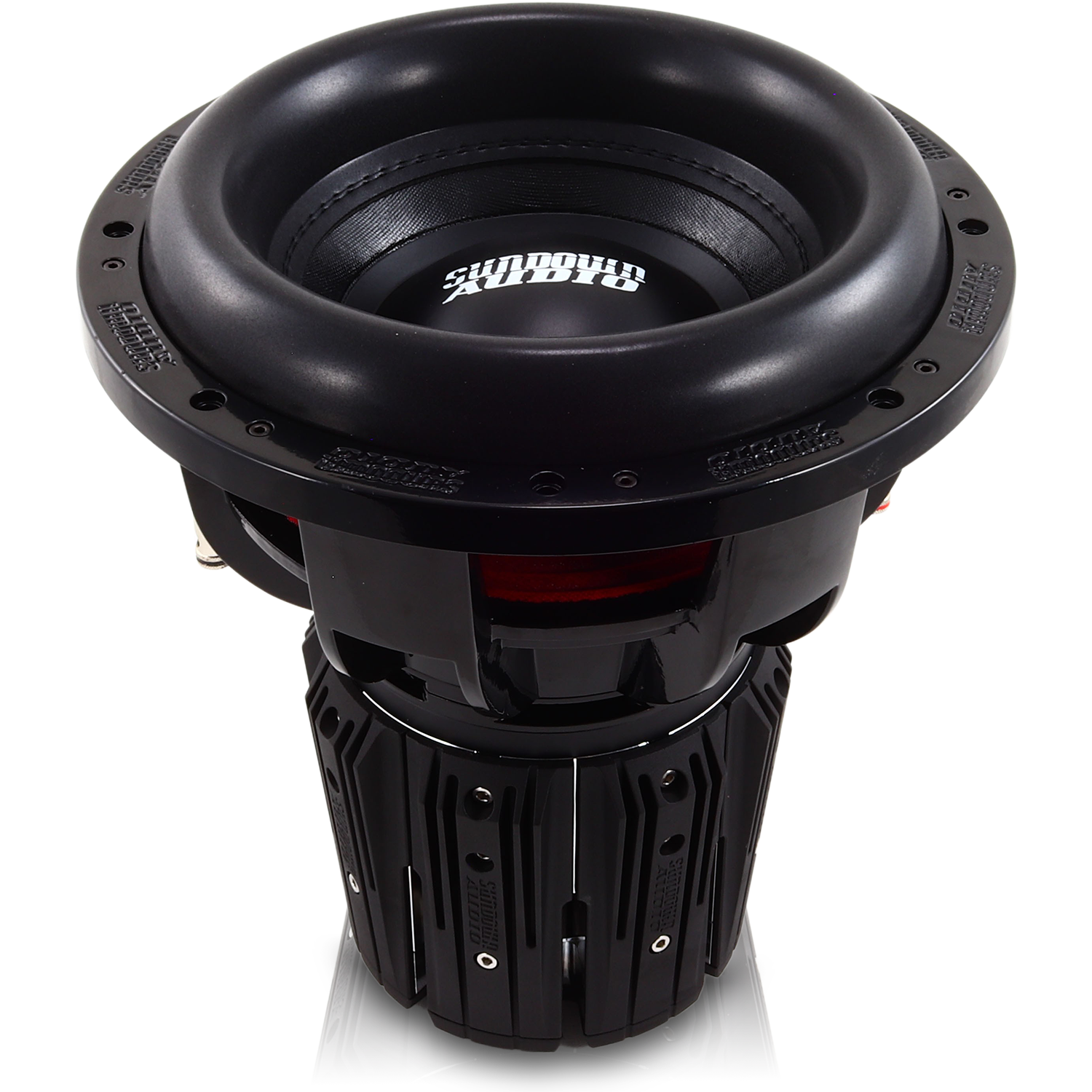 Close-up of the Sundown Audio Nightshade NS-Series NS6 12 Subwoofer showcasing a 3000W build with an ultra-linear spider pack. A bold logo adorns the cone, while its robust vented design, complete with bolts and a polished finish, highlights high-performance thermal management.