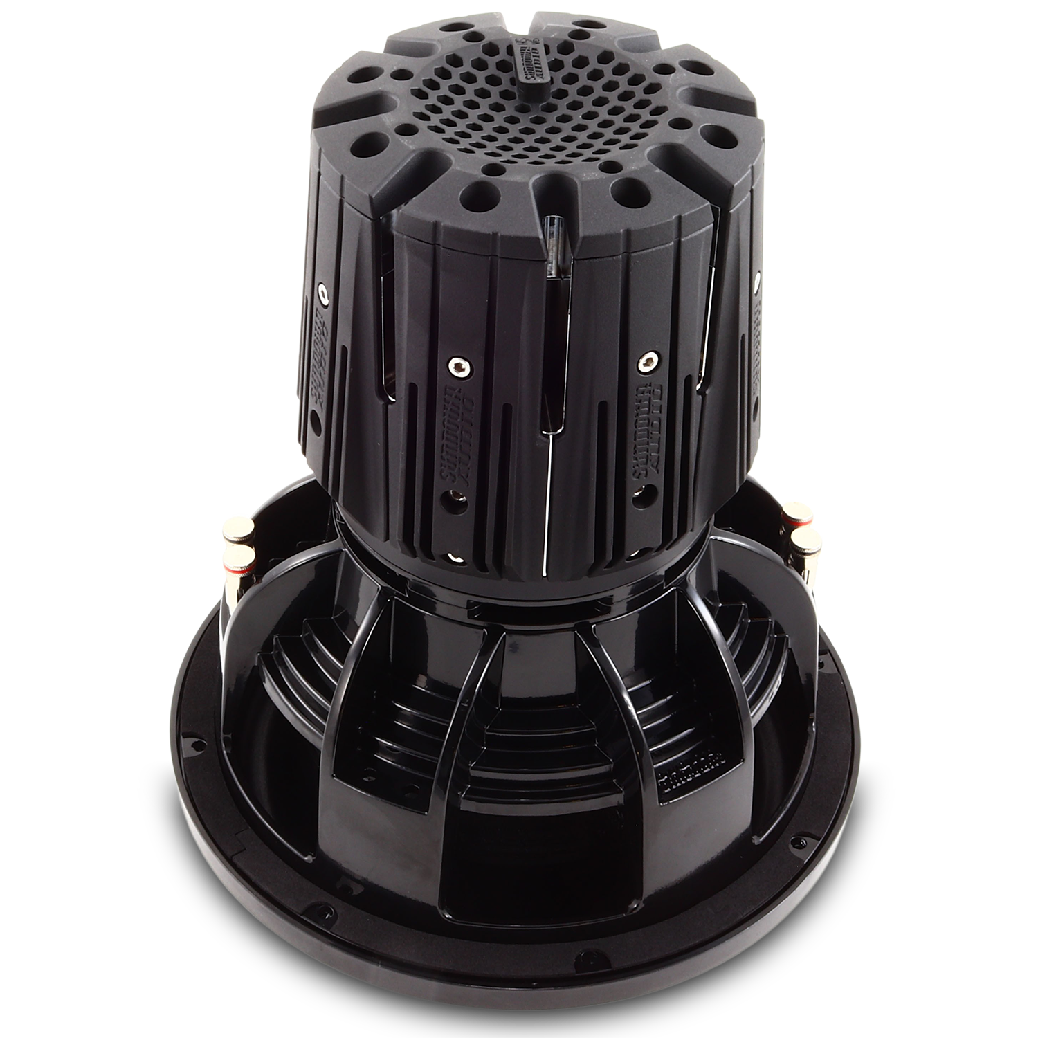 The Sundown Audio Nightshade NS-Series NS6 12 3000W Subwoofer features a robust black cylindrical design with a perforated top and detailed round base. Vertical ridges and metallic side connectors enhance its sophistication, while the 3,000-watt Neodymium driver delivers powerful sound.
