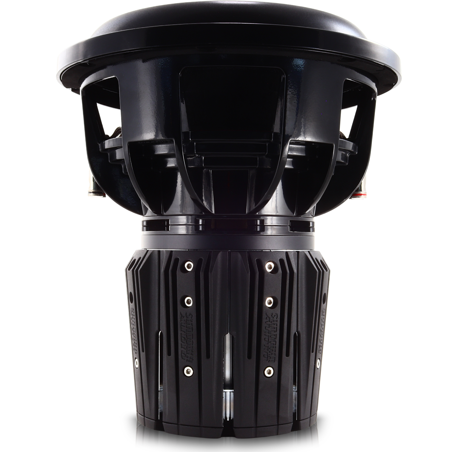 The Sundown Audio Nightshade NS-Series NS6 12 3000W Subwoofer features a cylindrical design with metal bolts, ultra-linear spider pack for precision sound, and a unique structure with rounded top and grooved bottom for optimal thermal management.