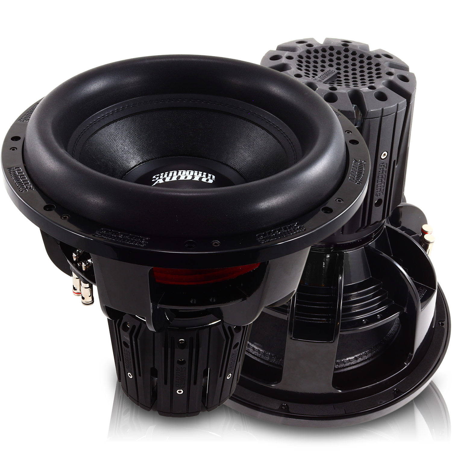 The Sundown Audio Nightshade NS-Series NS6 15 3000W Subwoofer NS v.6, a large black neodymium subwoofer with a robust frame and wide round cone, showcases intricate components and the brand logo prominently visible on the cone, promising powerful low-end audio.