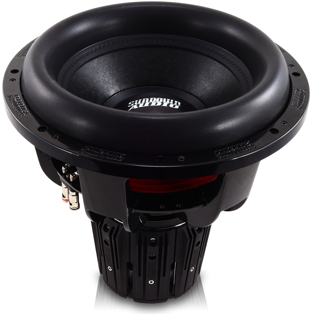 The Sundown Audio Nightshade NS-Series NS6 15 3000W Subwoofer features a rugged design with audio on its cone. This powerful subwoofer, with visible connectors and a detailed speaker basket, is upright on a white background, delivering exceptional low-end audio performance.