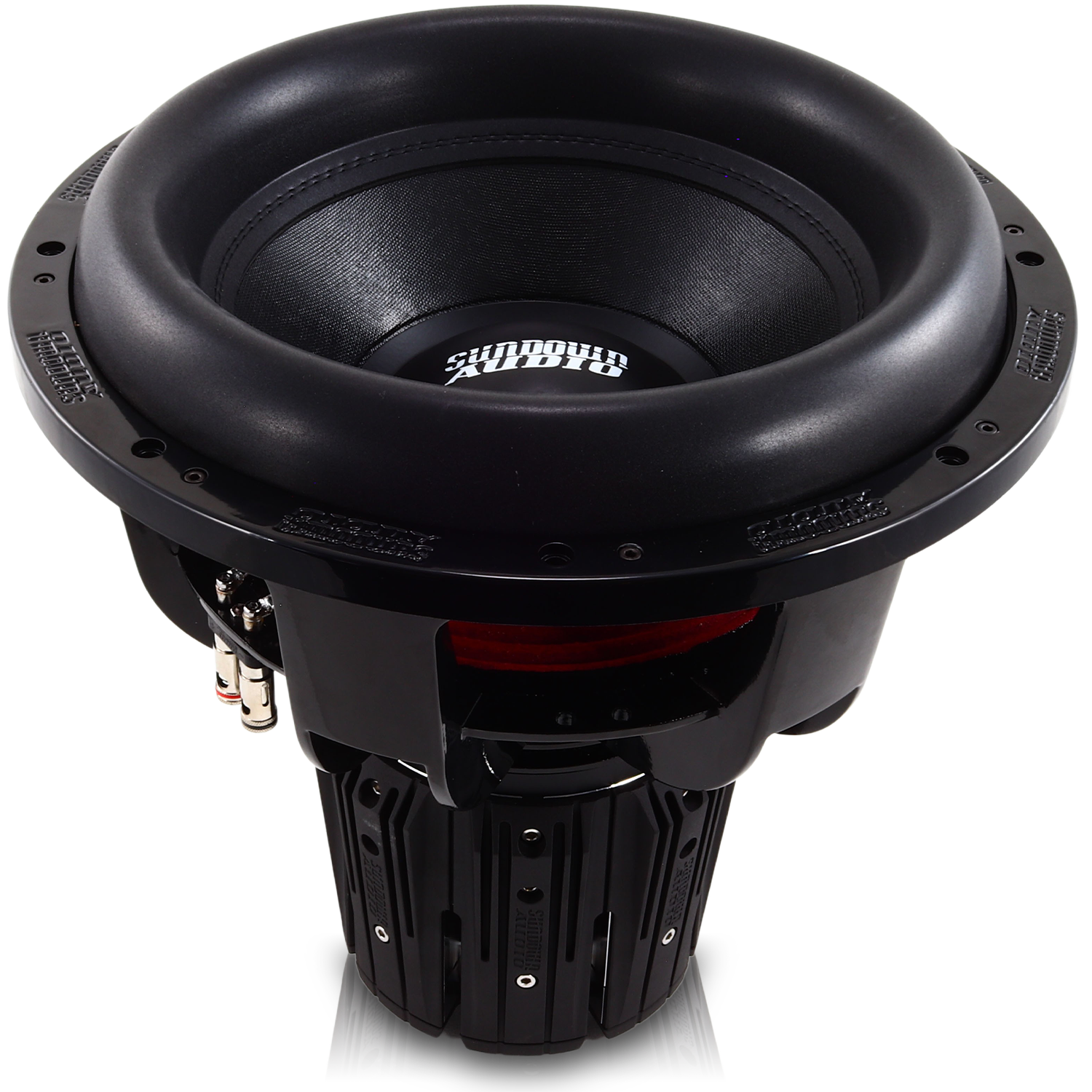 The Sundown Audio Nightshade NS-Series NS6 15 3000W Subwoofer features a rugged design with audio on its cone. This powerful subwoofer, with visible connectors and a detailed speaker basket, is upright on a white background, delivering exceptional low-end audio performance.