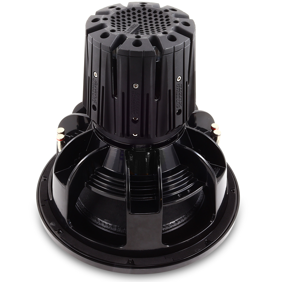 The Sundown Audio Nightshade NS-Series NS6 15 3000W Subwoofer features a robust black cylindrical design with intricate top detailing, and side connectors for improved thermal management and high-performance audio.