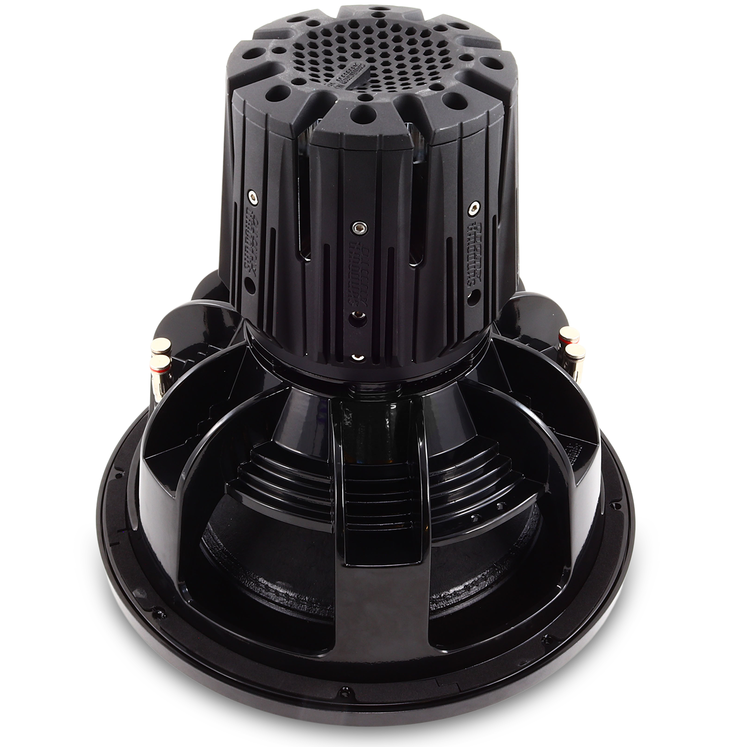 The Sundown Audio Nightshade NS-Series NS6 15 3000W Subwoofer features a robust black cylindrical design with intricate top detailing, and side connectors for improved thermal management and high-performance audio.