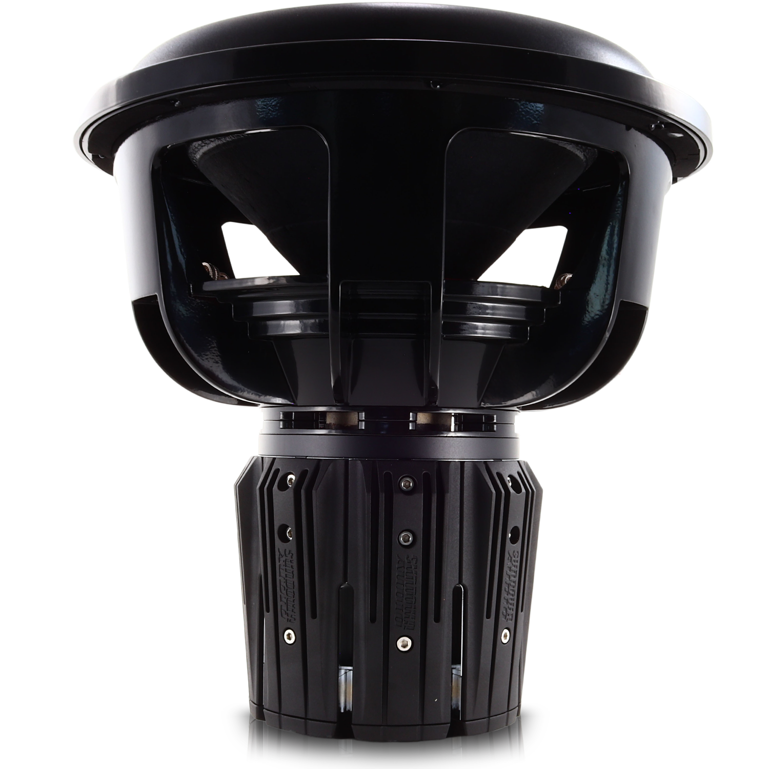 Viewed from a low angle, the imposing black Sundown Audio Nightshade NS-Series v.6 subwoofer boasts a 15 Neodymium design with a robust ribbed base and open frame. It prominently features a cone and visible suspension for powerful low-end audio, offering 3000W of sound capability.