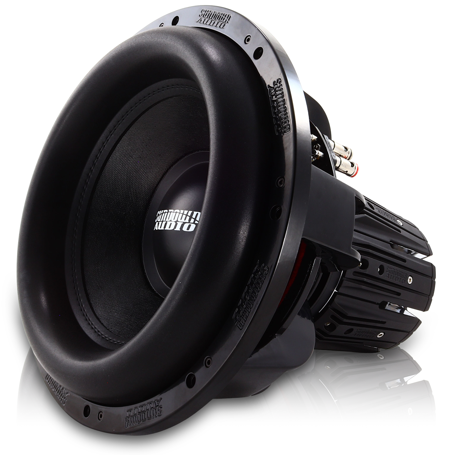 The Nightshade NS-Series NS6 15 3000W Subwoofer from Sundown Audio is a robust black neodymium subwoofer featuring a smooth cone, circular ridges, and intricate wiring. Its industrial design stands out against a white background with visible branding.