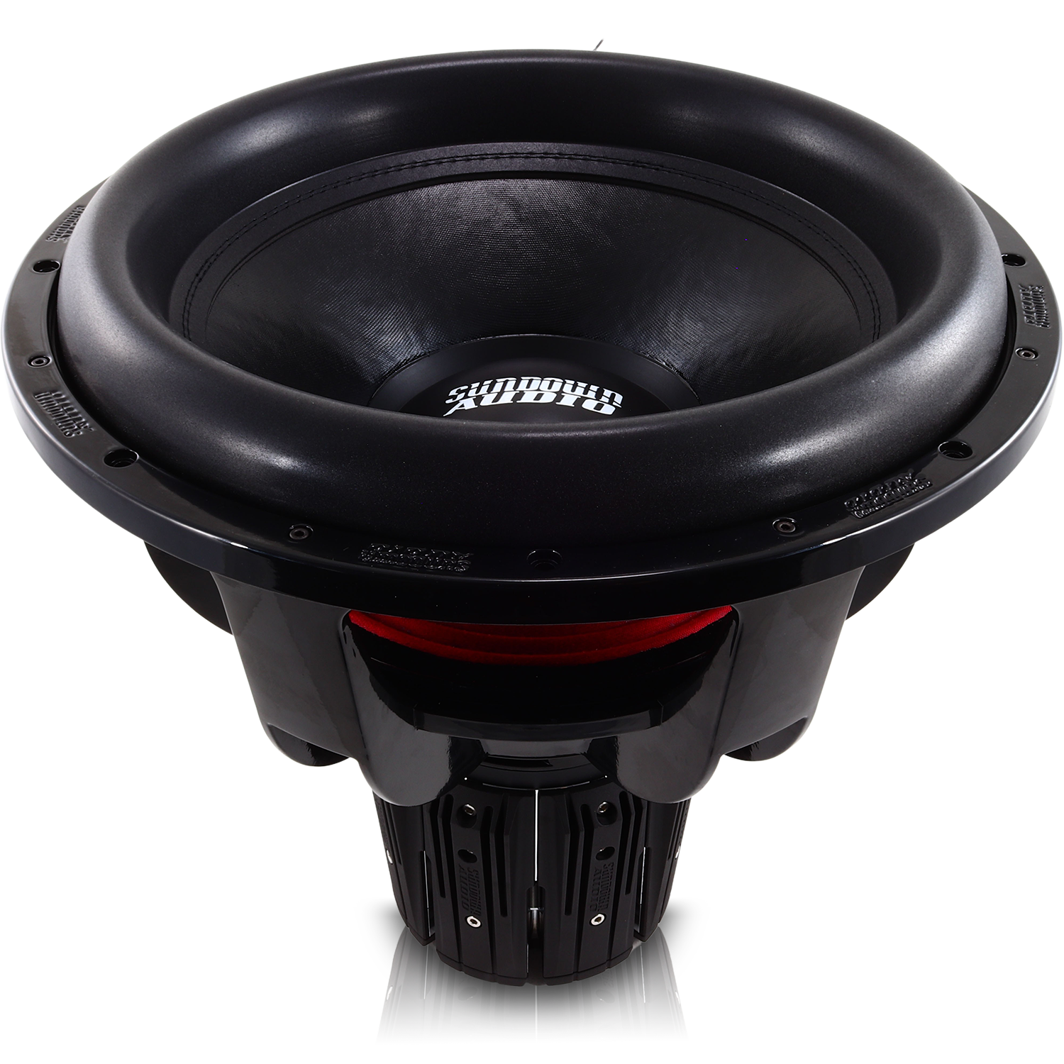 Close-up of a black Sundown Audio Nightshade NS v.6 18 3000W Subwoofer with branded text on the cone, featuring visible coils and a sturdy frame. This robust design provides incredible linear excursion, making it the ultimate Neodymium subwoofer for any true audiophile.