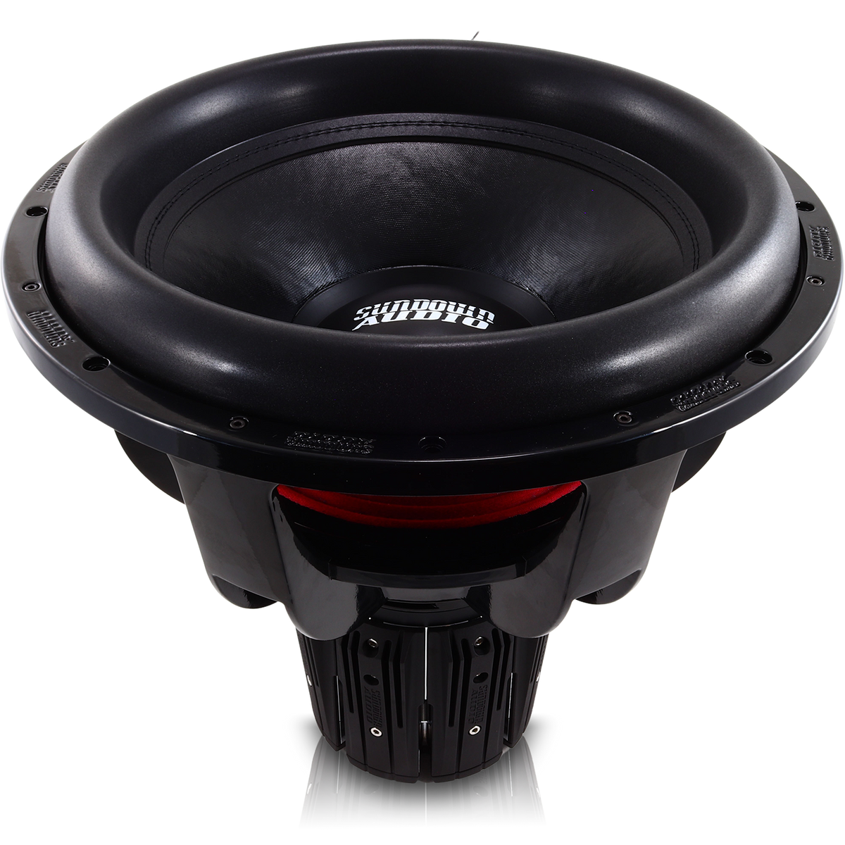 Close-up of a black Sundown Audio Nightshade NS v.6 18 3000W Subwoofer with branded text on the cone, featuring visible coils and a sturdy frame. This robust design provides incredible linear excursion, making it the ultimate Neodymium subwoofer for any true audiophile.