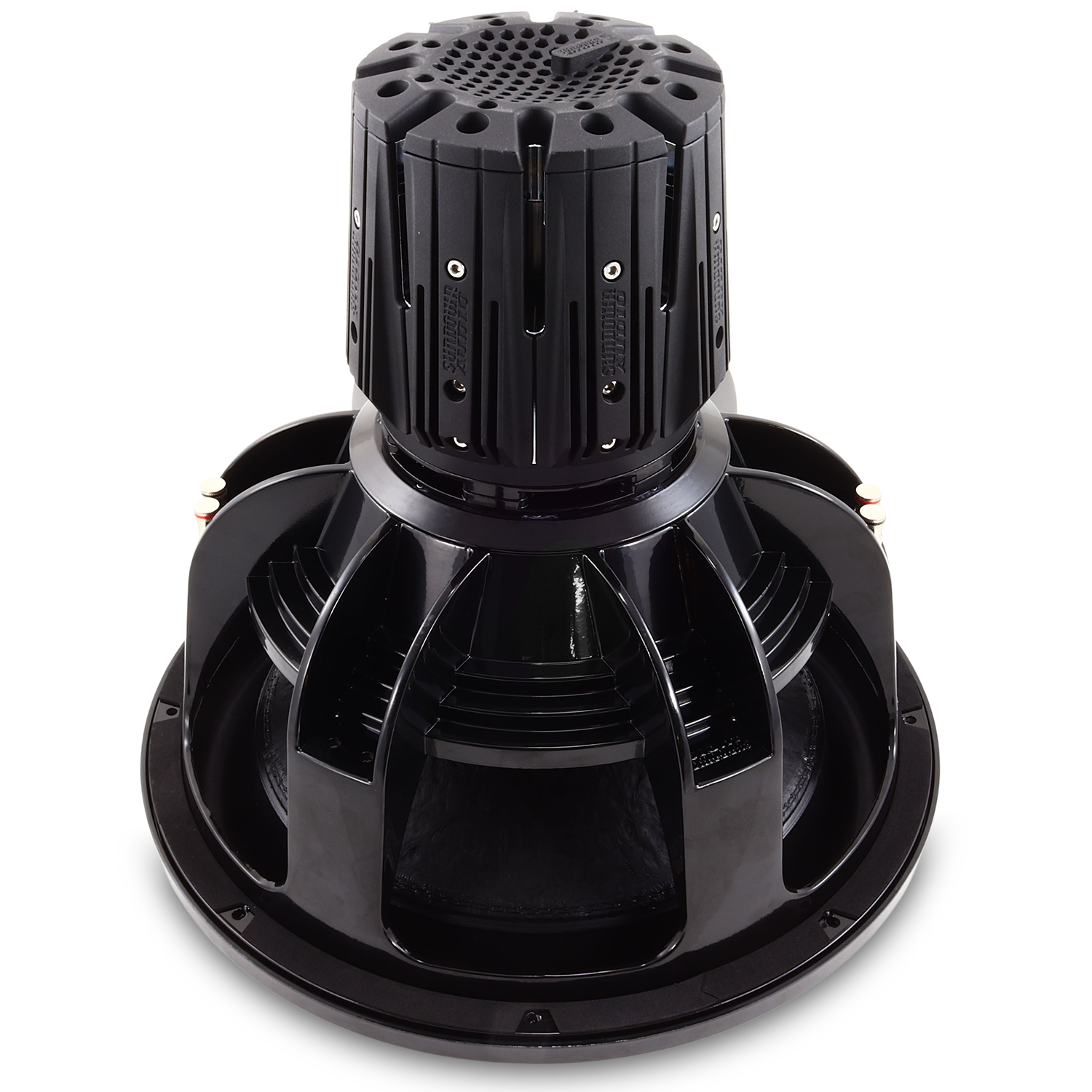 The Sundown Audio Nightshade NS-Series NS6 18 3000W Subwoofer boasts a robust design with a cylindrical top and open frame. It features intricate detailing, linear excursion technology for high performance, and Neodymium sub elements for powerful sound delivery.
