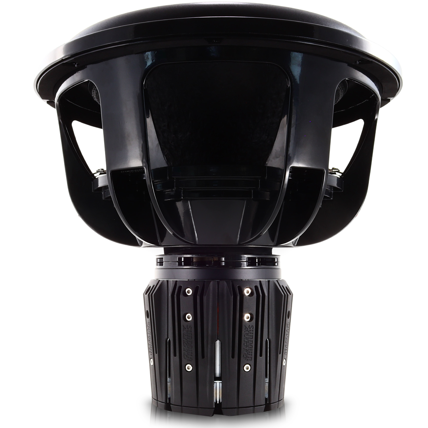 The Nightshade NS-Series NS6 18 3000W Subwoofer by Sundown Audio is a sleek, modern black subwoofer with a sturdy frame and multiple spokes. Featuring advanced linear excursion technology, this powerhouse emphasizes its robust build on a white background.