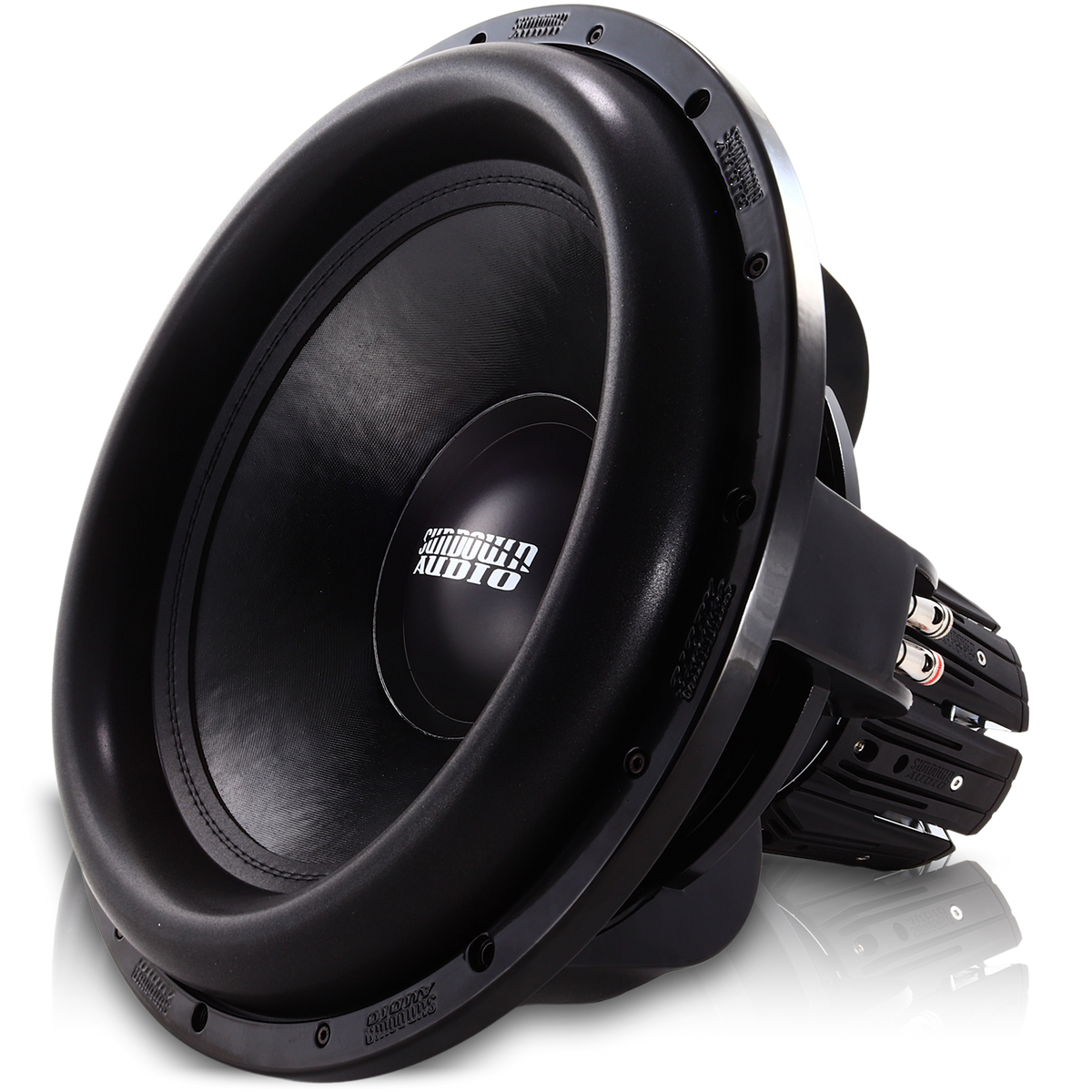 Close-up of a Sundown Audio Nightshade NS-Series NS6 18 3000W subwoofer, showing its black neodymium frame and large rounded cone with the brand logo on the dust cap against a reflective white background, accentuating its impressive linear excursion and intricate details.