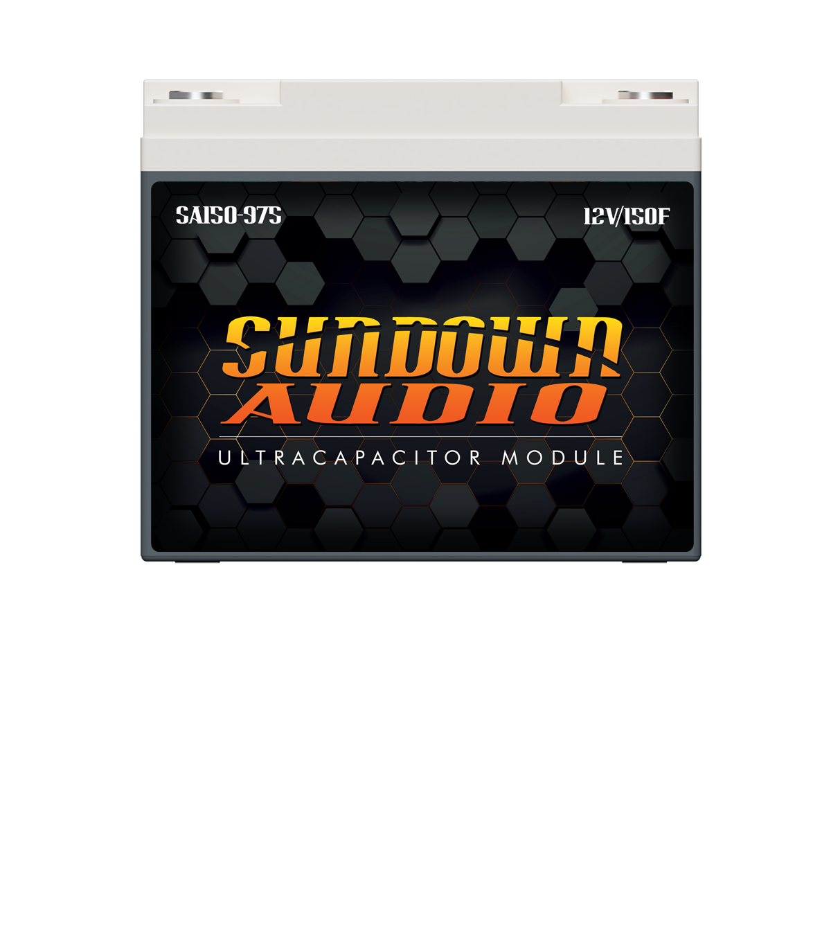The Sundown Audio SA150-975L Super Capacitor Battery has a sleek white top with a dark body, featuring a honeycomb pattern displaying Sundown Audio above Ultracapacitor Module. Ideal for 200-watt audio systems, its marked with SA150-97S and 12V/150F.