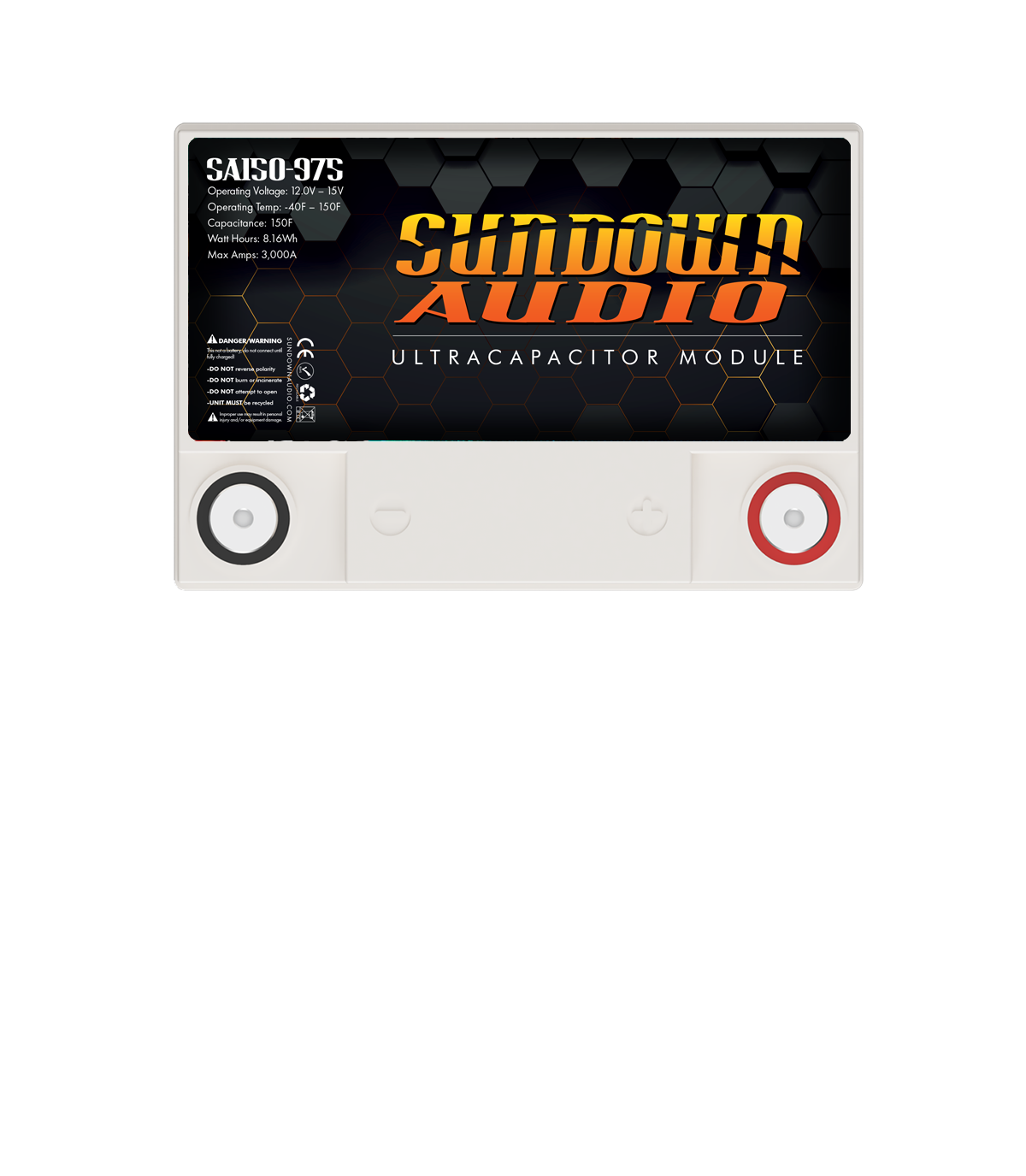 Image of a Sundown Audio SA150-975L Super Capacitor Battery, showcasing red and black circular terminal connectors on a white base. The center features the logo and specs like capacity and voltage, complementing the high performance of Sundown Audios SA150 series.