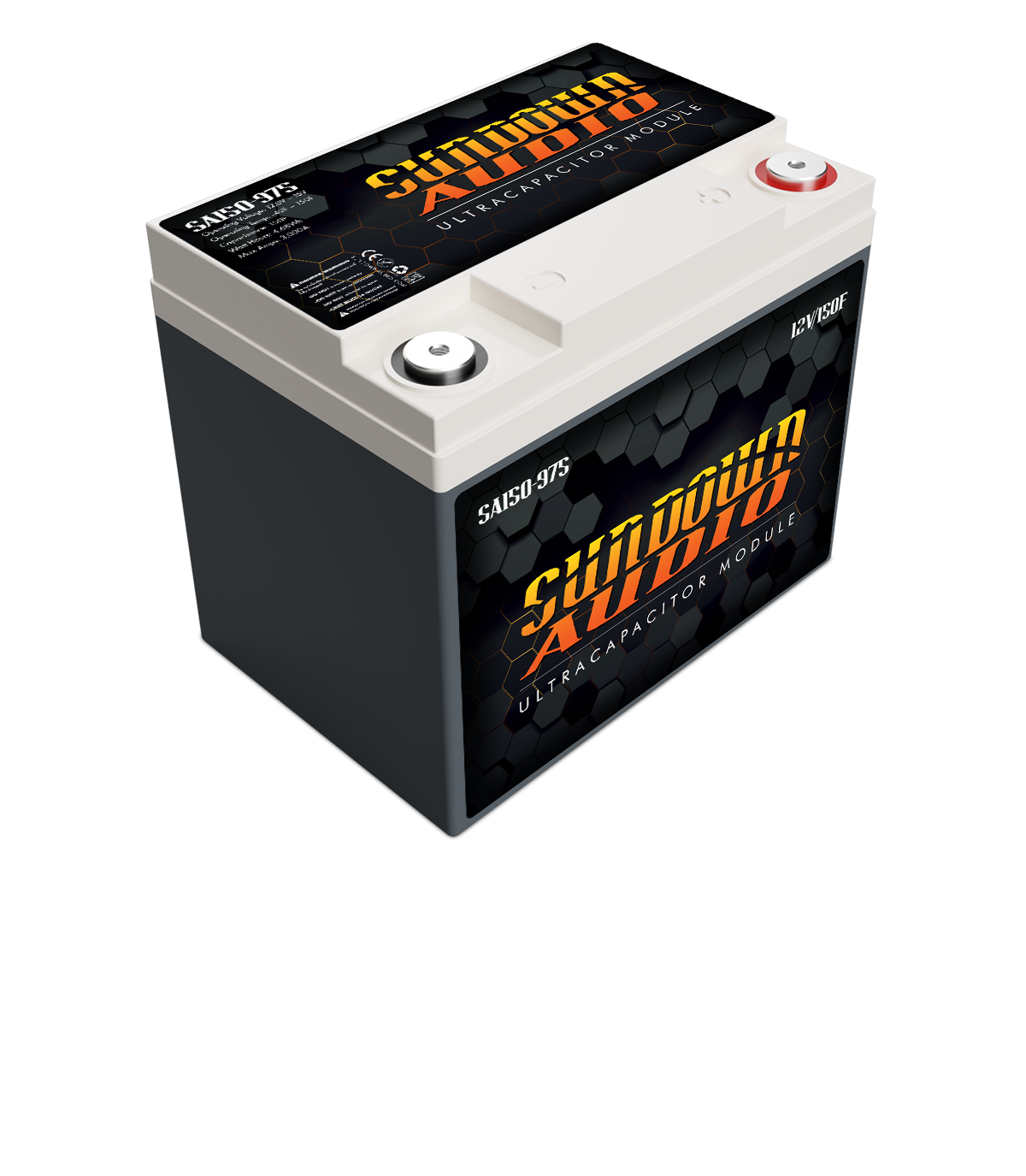 Image of a Sundown Audio SA150-975L Super Capacitor Battery designed for 200-watt audio systems, featuring its battery-like rectangular shape. The top cover has black and orange branding details, with red and black posts on top for connections.