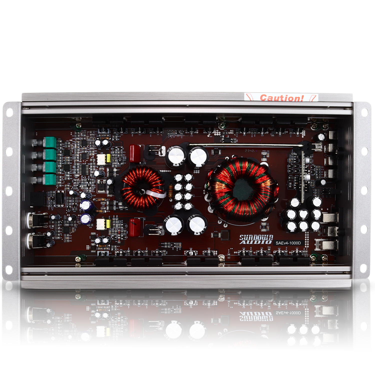 The image features the internal components of a Sundown Audio SAEv4-1000.1D Mono Amplifier, showing two circuit boards with capacitors, resistors, and a large circular coil with red and black wires typical of a Class D amplifier.