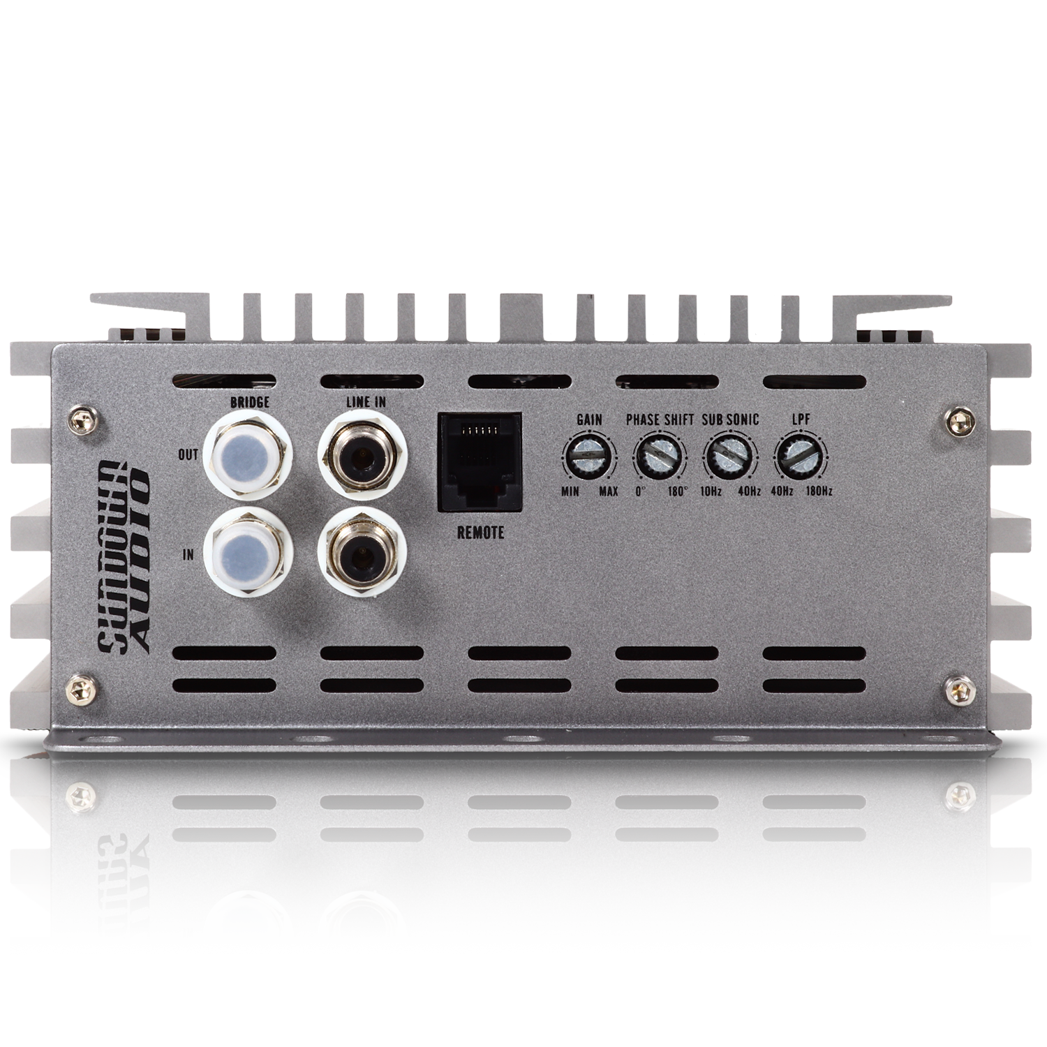 The rear view of a silver Sundown Audio SAEv4-1000.1D Mono Amplifier showcases input/output ports, RCA jacks, a remote port, and control switches for gain, phase shift, subsonic and low-pass filter adjustments.