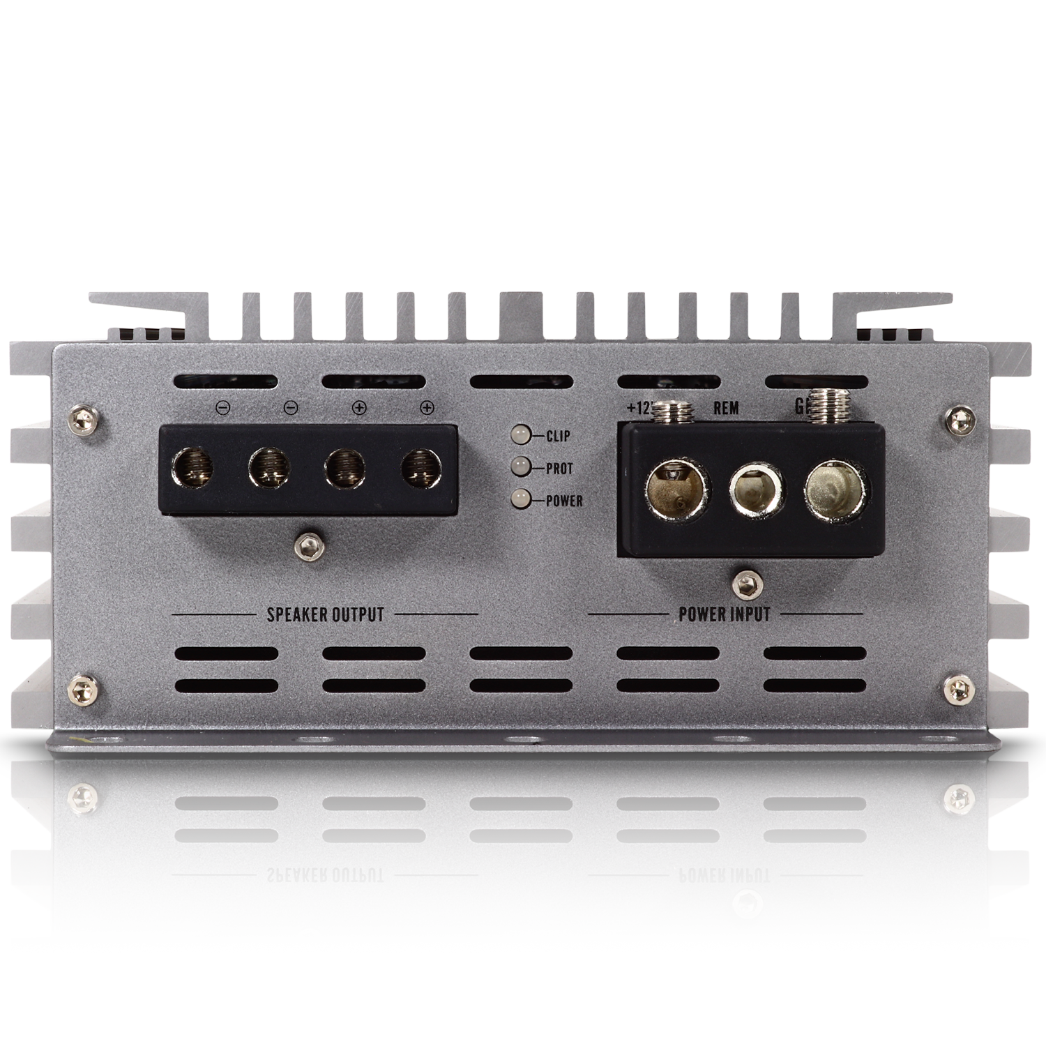 The rear panel of the Sundown Audio SAEv4-1000.1D Mono Amplifier has Speaker Output and Power Input ports, along with indicator lights for clip, protect, and power. The reflective surface highlights its sleek Class D design.