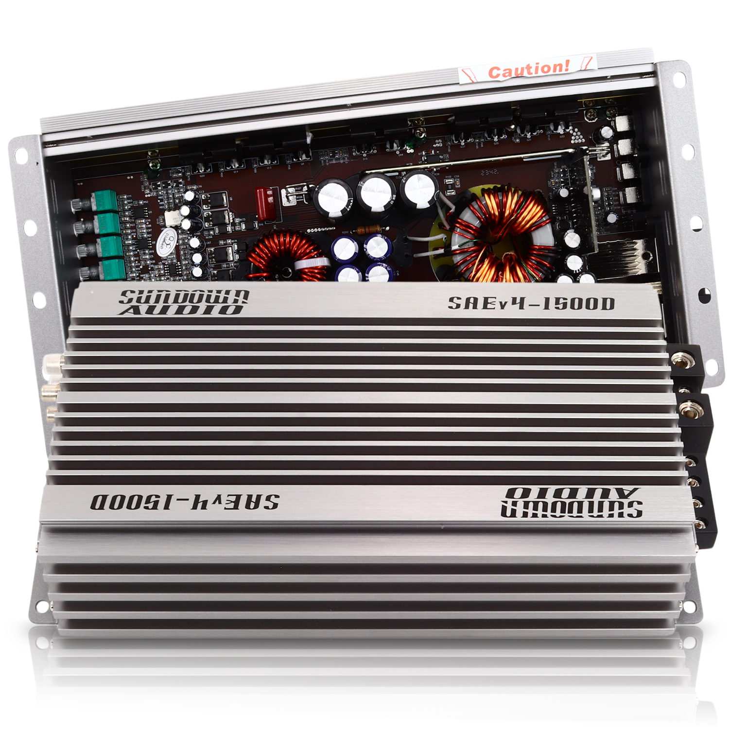 The Sundown Audio SAEv4-1500.1D Class D amplifier, with a silver finned heat sink cover partially removed, reveals internal components like capacitors and coils and features advanced protection circuitry for optimal performance.