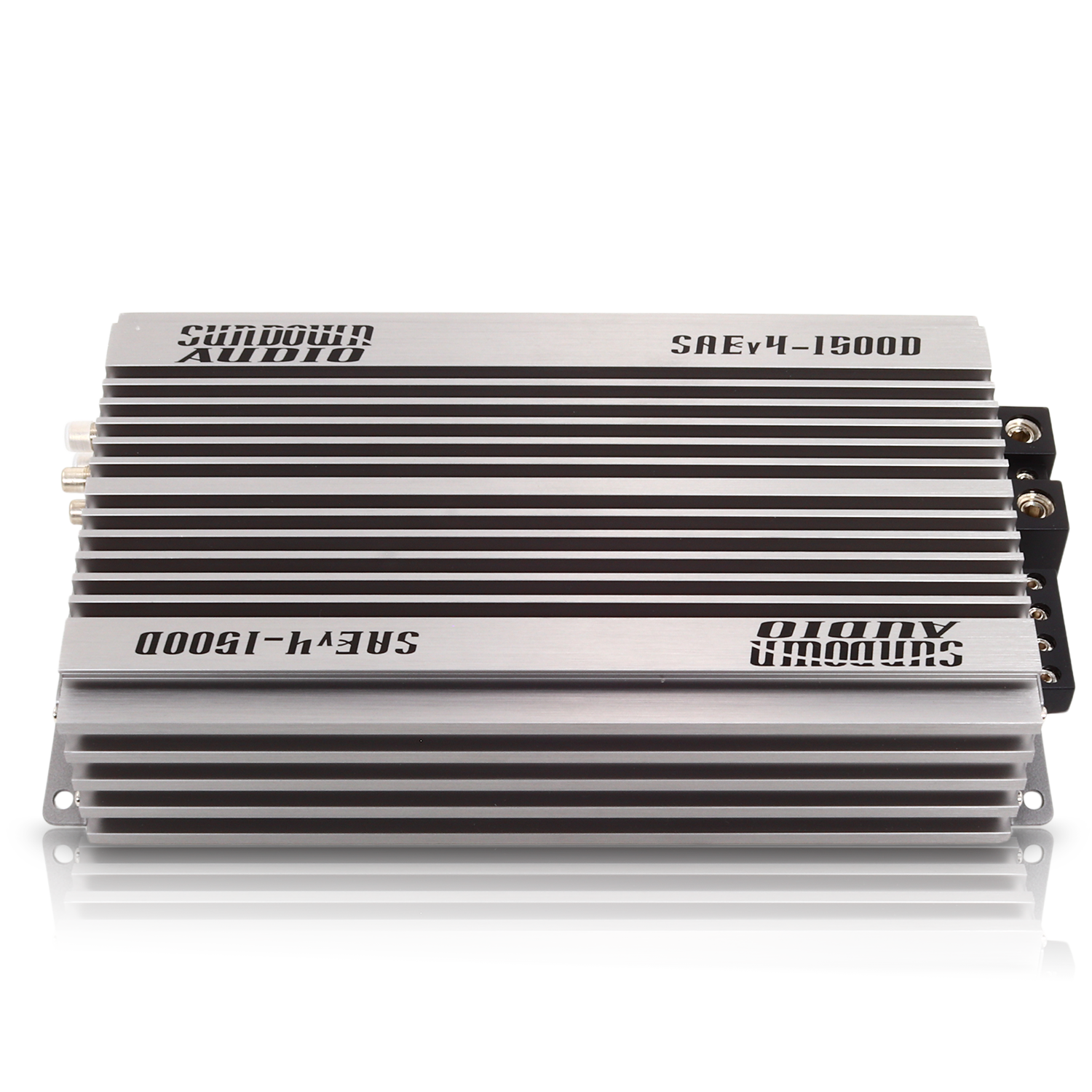 The silver SAEv4-1500.1D Amplifier by Sundown Audio features a ribbed metallic design, protection circuitry, and side connectors for easy wiring.