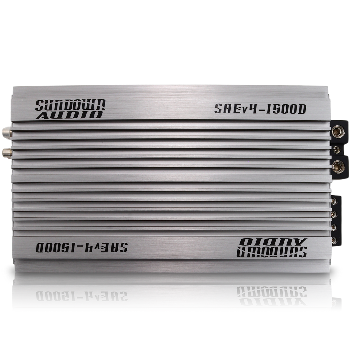 The image showcases a sleek silver SAEv4-1500.1D Class D amplifier by Sundown Audio, with its name etched on the metallic casing. This powerful device features parallel grooves and advanced protection circuitry for optimal performance.