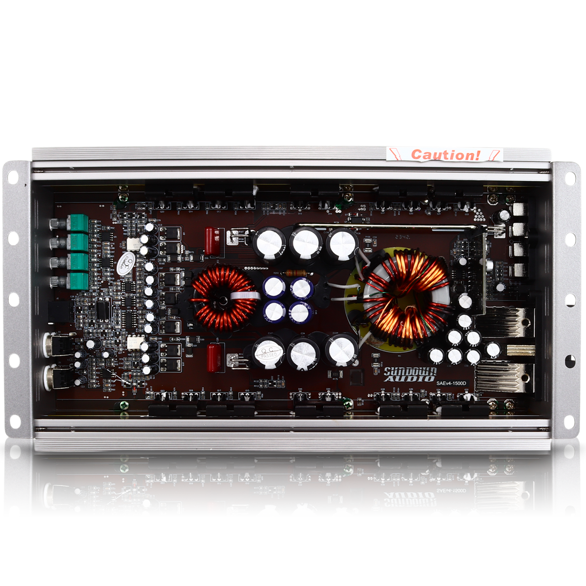 Internal view of the Sundown Audio SAEv4-1500.1D Amplifier highlighting intricate circuitry with red coils and various capacitors on a dark circuit board, featuring advanced protection for optimal performance.