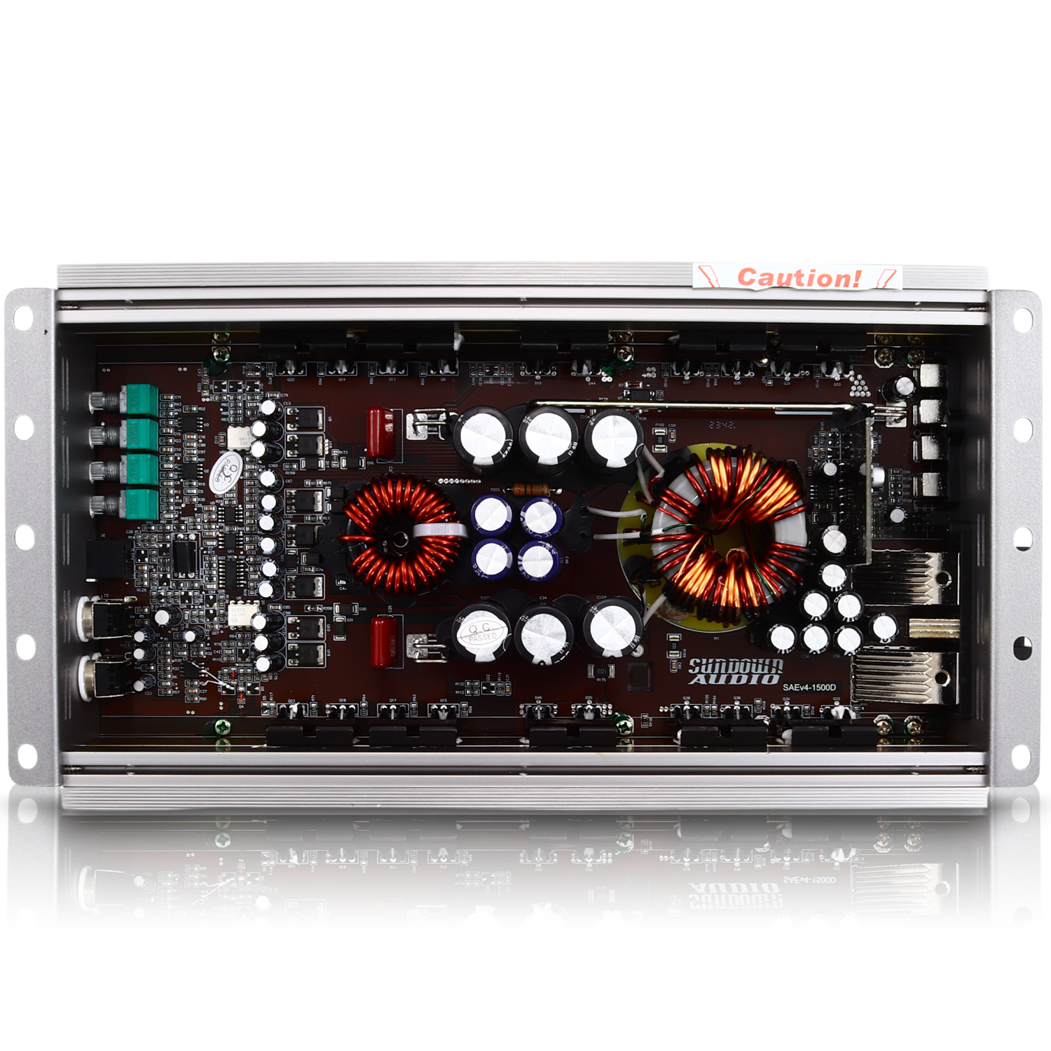 Internal view of the Sundown Audio SAEv4-1500.1D Amplifier highlighting intricate circuitry with red coils and various capacitors on a dark circuit board, featuring advanced protection for optimal performance.