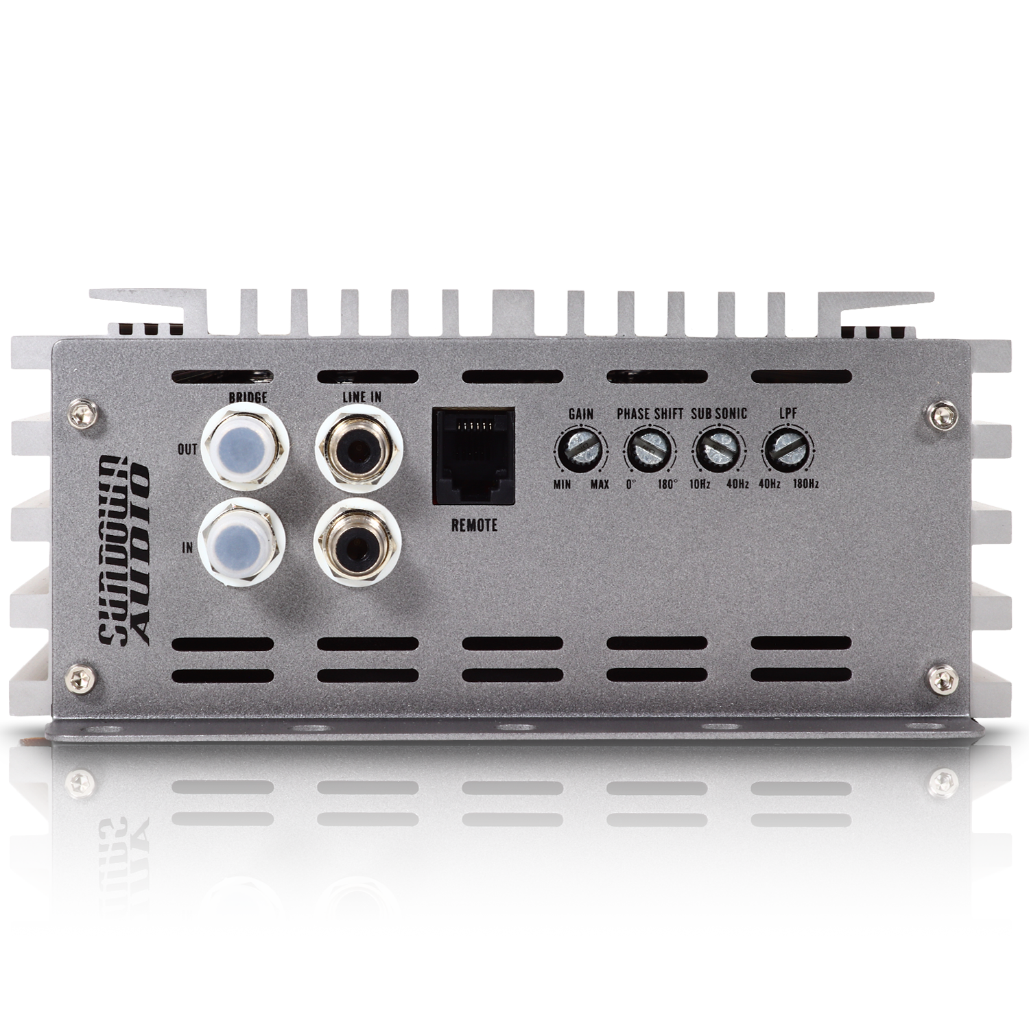 The rear view of the Sundown Audio SAEv4-1500.1D Amplifier shows input/output connections like RCA jacks and an Ethernet port, plus control dials for Gain, Phase Shift, Subsonic Filter, and LFP. A protection circuitry logo is featured on the side.