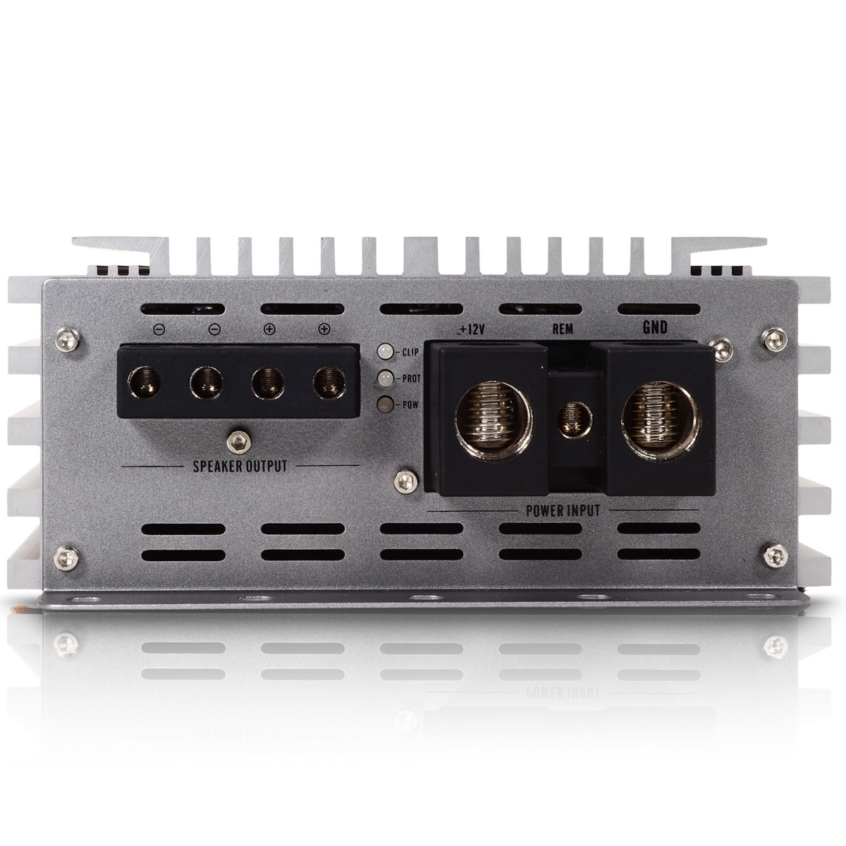 The rear view of the Sundown Audio SAEv4-1500.1D Amplifier shows ports and labels for speaker output, power input, and ground. It features a reflective metallic casing with ventilation slits and includes protection circuitry for efficient and safe operation.