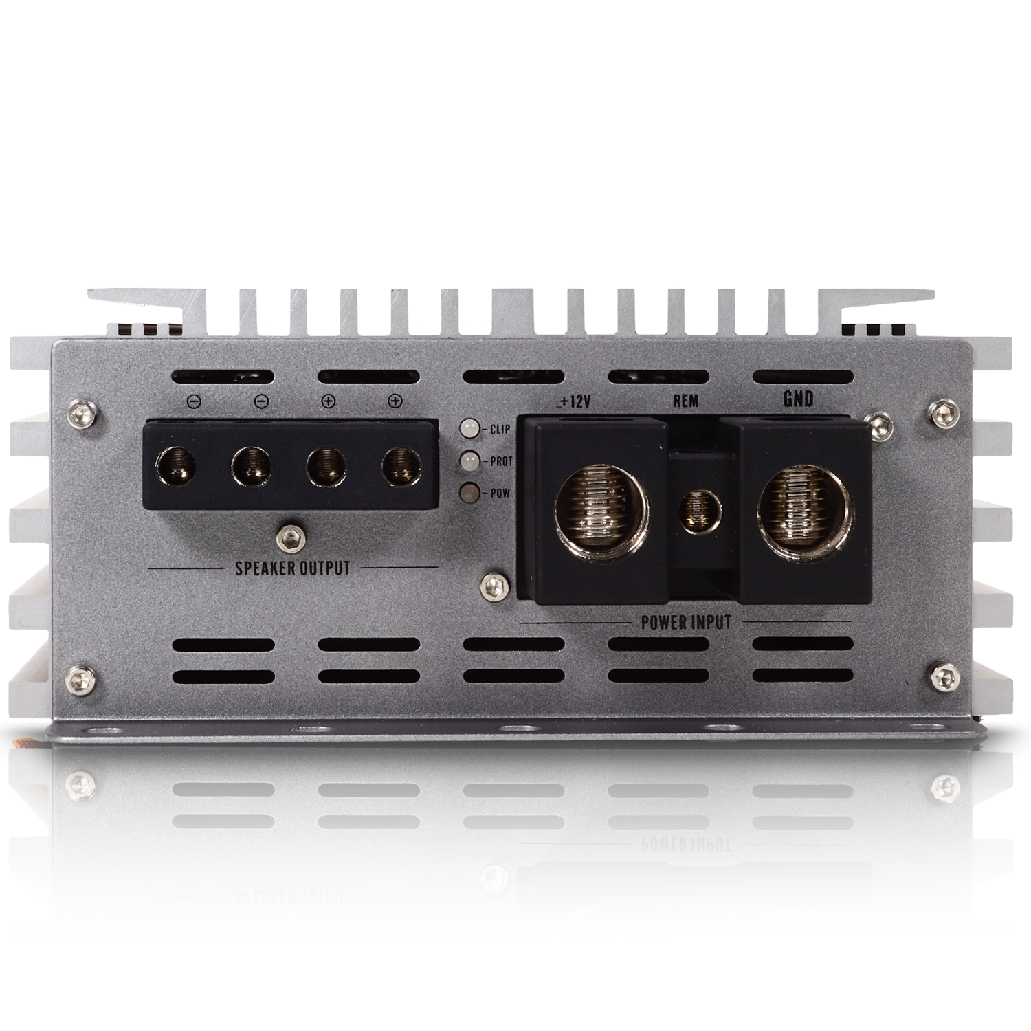 The rear view of the Sundown Audio SAEv4-1500.1D Amplifier shows ports and labels for speaker output, power input, and ground. It features a reflective metallic casing with ventilation slits and includes protection circuitry for efficient and safe operation.
