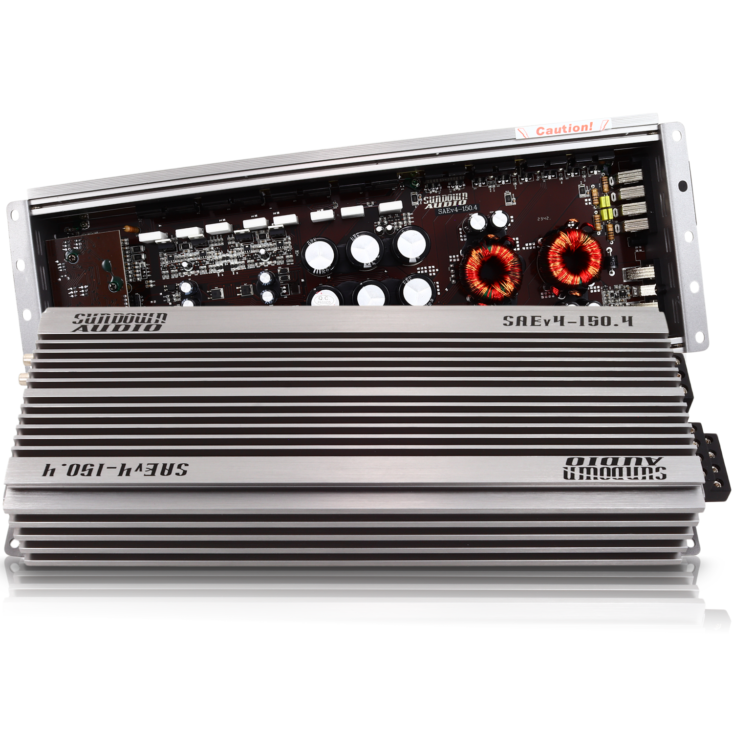 The SAEv4-150.4 4-Channel Amplifier by Sundown Audio features a metallic exterior with visible circuit board elements like capacitors and coils, designed with high-fidelity Class A/B technology. The brand name and model number are printed on the casing.