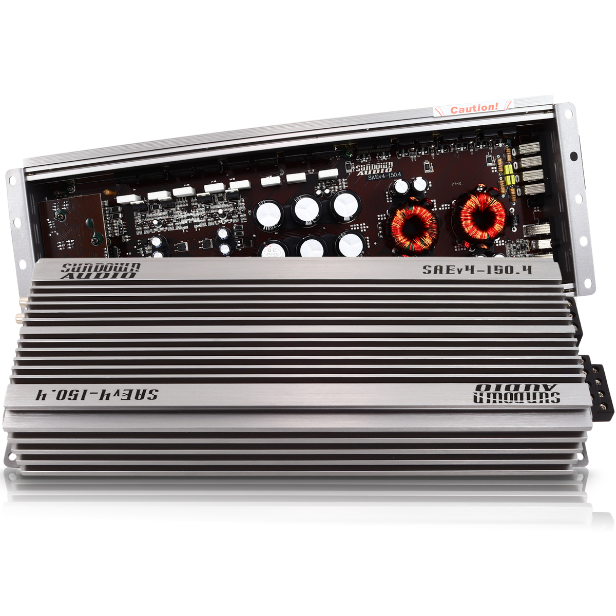 The SAEv4-150.4 4-Channel Amplifier by Sundown Audio features a metallic exterior with visible circuit board elements like capacitors and coils, designed with high-fidelity Class A/B technology. The brand name and model number are printed on the casing.