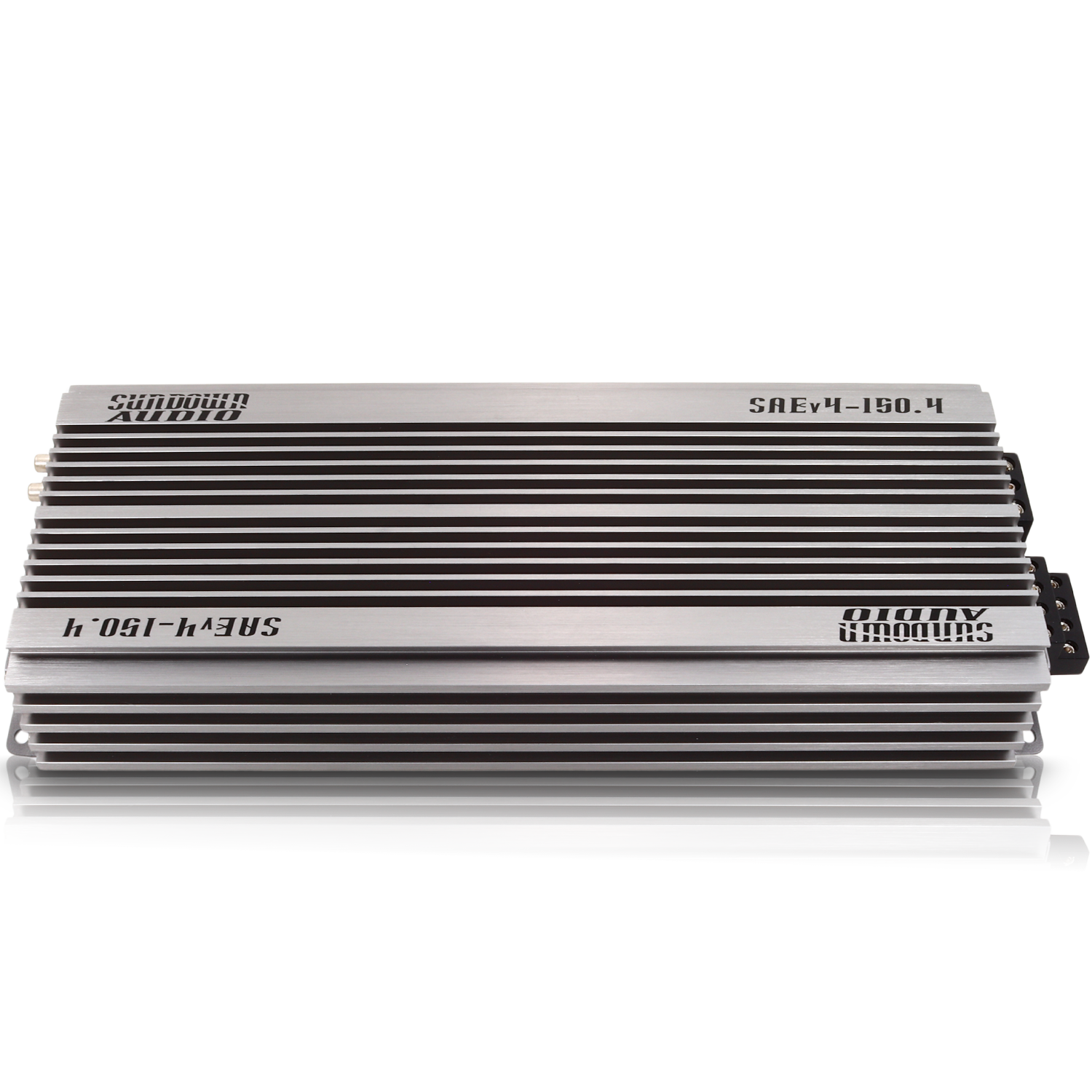The SAEv4-150.4 by Sundown Audio is a stylish audio amplifier featuring a sleek, horizontal finned design and high-fidelity Class A/B performance. Its silver casing with black and white text highlights its brand name and delivers a robust, multi-channel architecture.