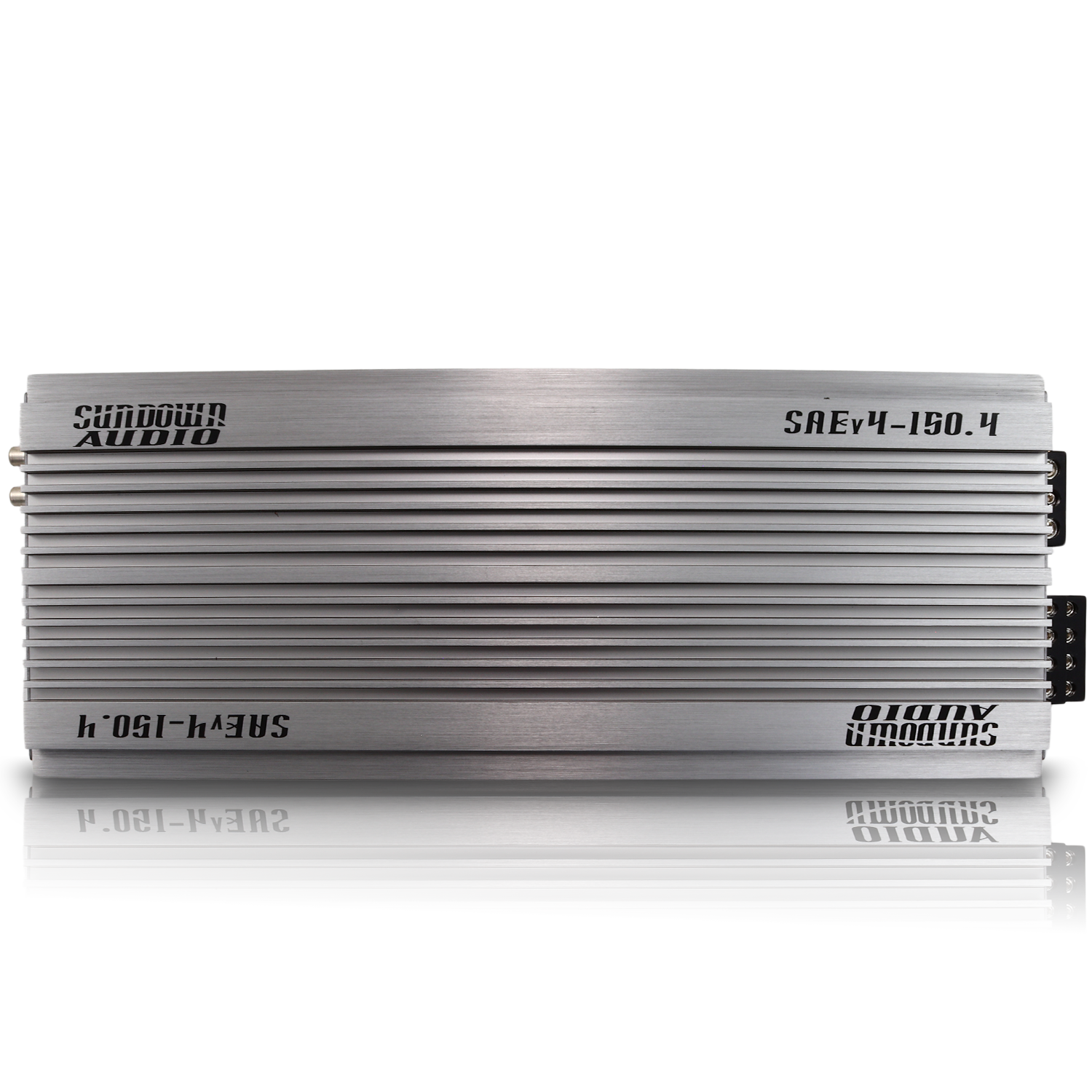 The Sundown Audio SAEv4-150.4 4-Channel Amplifier, in sleek silver with horizontal fins, features a multi-channel setup and high-fidelity Class A/B design for exceptional audio quality.