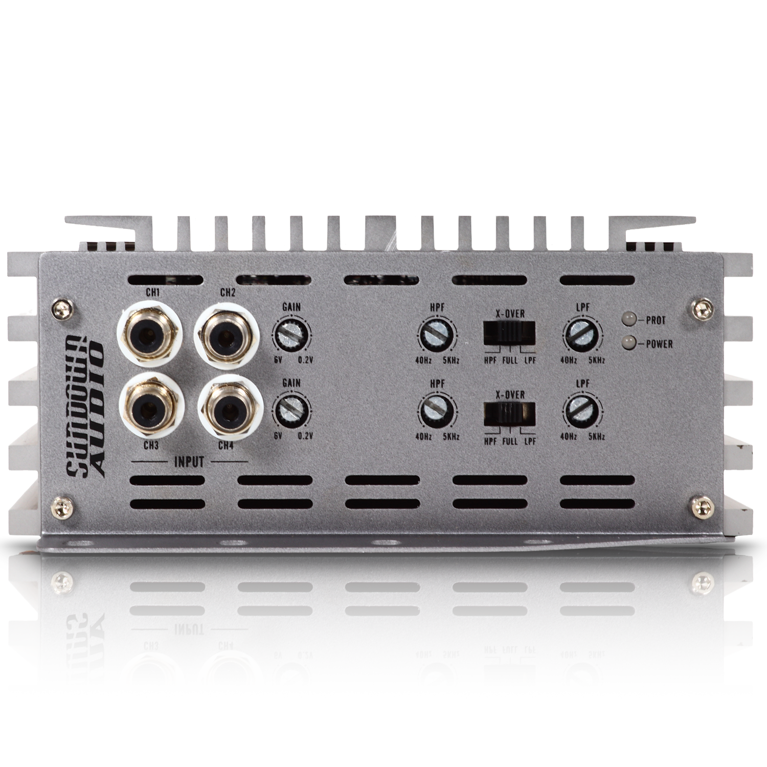 The rear view of the Sundown Audio SAEv4-150.4 4-Channel Amplifier in silver displays numerous input ports, control knobs, and switches. Labels highlight features such as gain, HPF, LPF, and crossover settings. The high-fidelity Class A/B design showcases the brand logo on its side.
