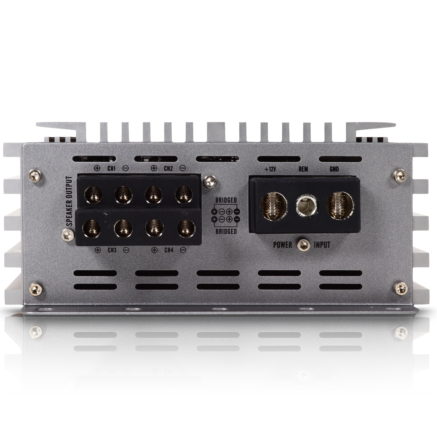 Close-up of a Sundown Audio SAEv4-150.4 Amplifier, highlighting labeled connections for speaker output and power input. Its high-fidelity Class A/B design features multiple ports and terminals in a sophisticated 4-channel architecture for precise wiring connections.