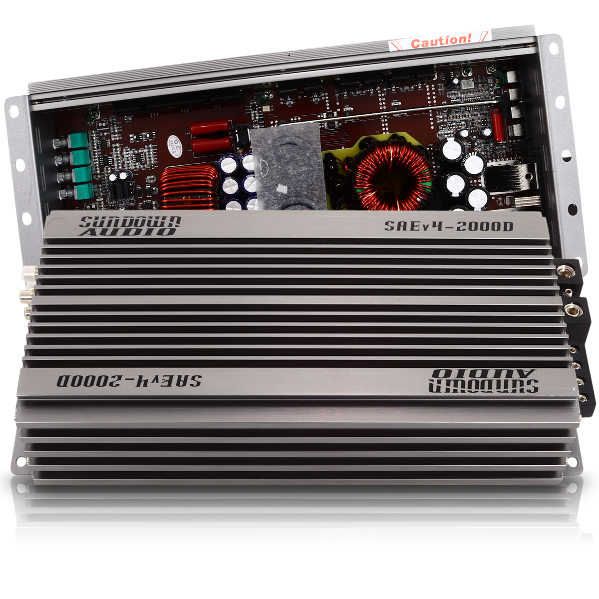 The image features a Sundown Audio SAEv4-2000.1D Amplifier, a Class D device with its metal cover partially removed, revealing electronic components like capacitors, coils, and circuit boards that underline its complex internal structure and effective thermal management system.