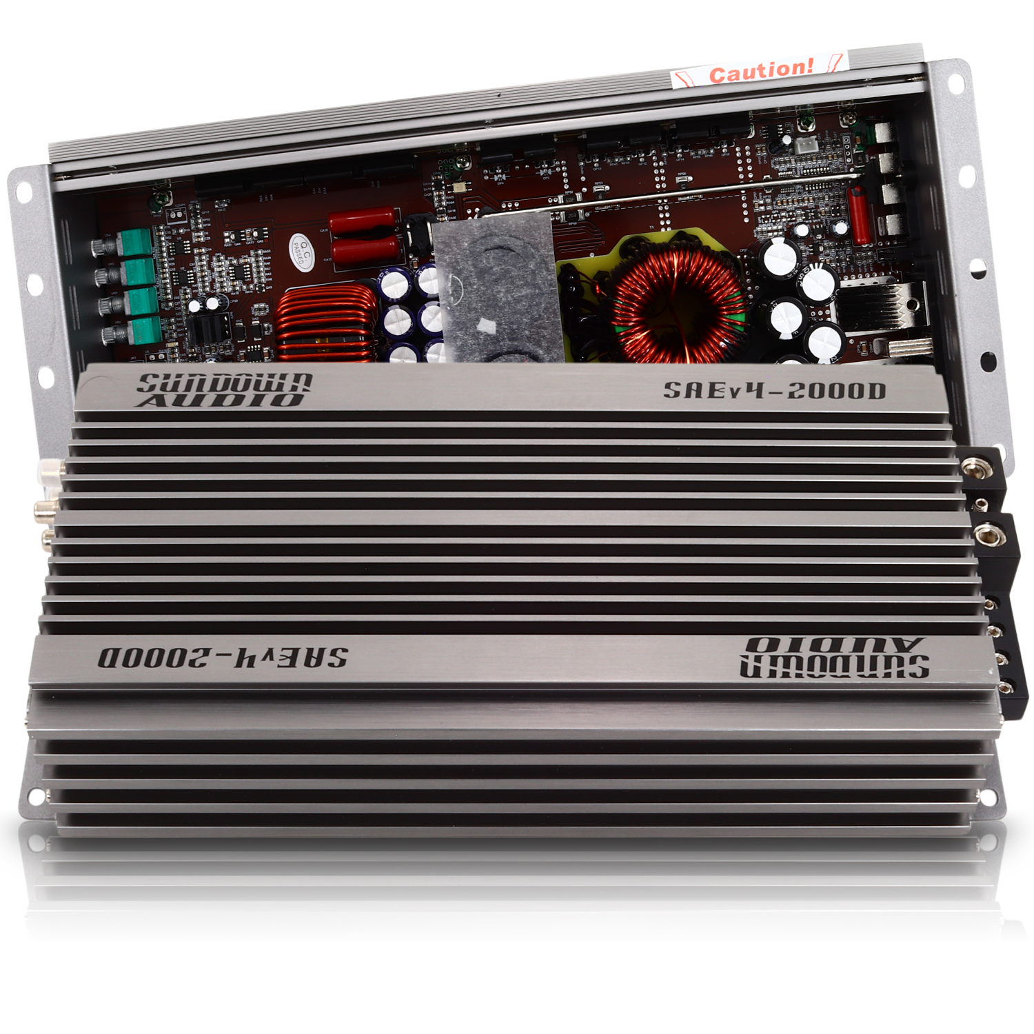 The image features a Sundown Audio SAEv4-2000.1D Amplifier, a Class D device with its metal cover partially removed, revealing electronic components like capacitors, coils, and circuit boards that underline its complex internal structure and effective thermal management system.