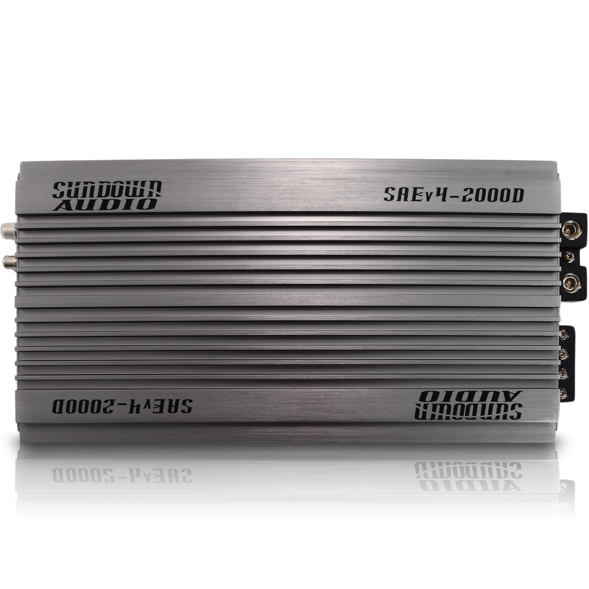 The image features a stack of Sundown Audio SAEv4-2000.1D amplifiers in a sleek metallic finish, with the logo and model number clearly visible. These horizontal amplifiers highlight advanced thermal control for optimal performance.