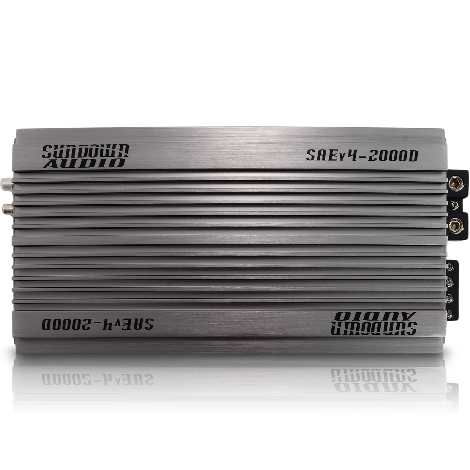 The image features a stack of Sundown Audio SAEv4-2000.1D amplifiers in a sleek metallic finish, with the logo and model number clearly visible. These horizontal amplifiers highlight advanced thermal control for optimal performance.