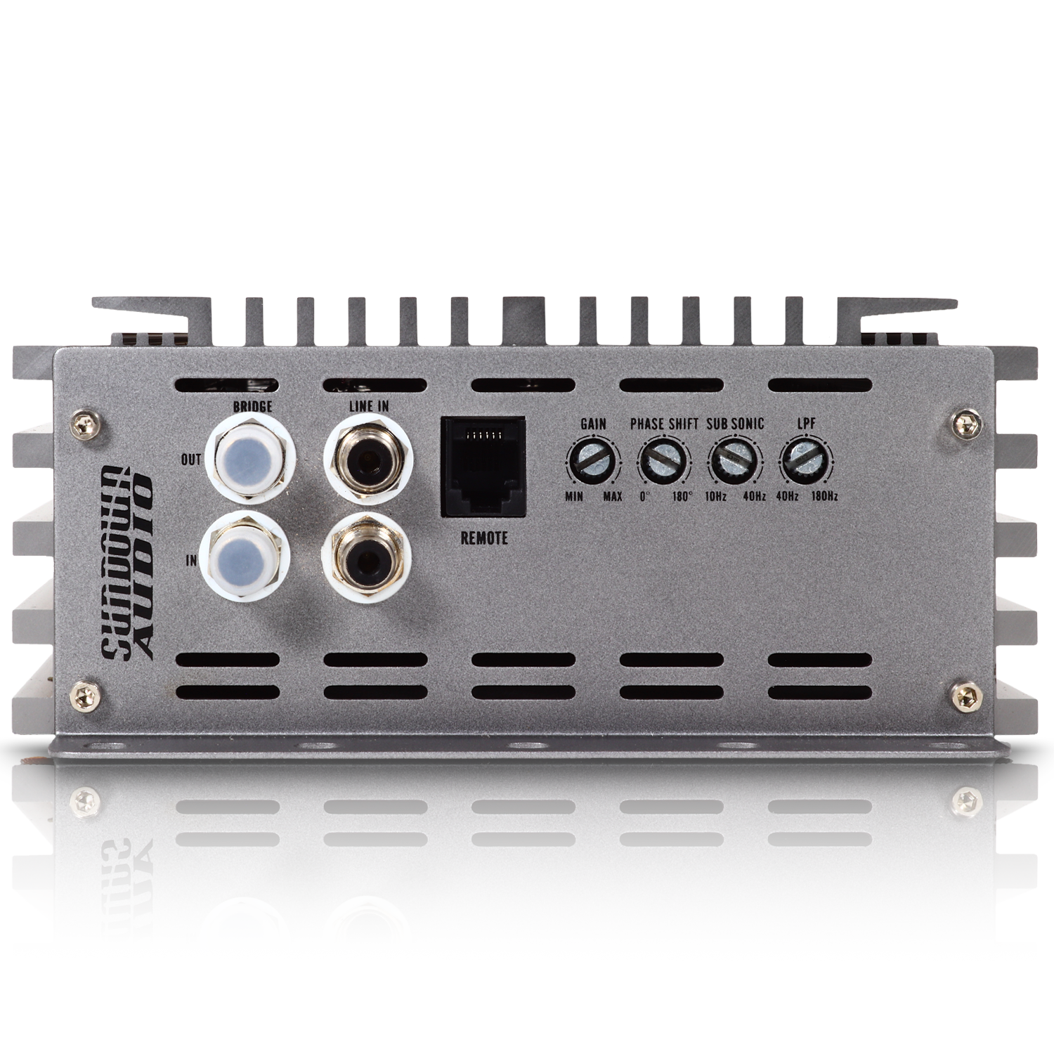 The back of the SAEv4-2000.1D Class D metal car audio amplifier features various input ports, including RCA connectors, a remote connection, and control knobs for Gain, Phase Shift, and the subsonic filter. The Sundown Audio logo is prominently displayed on the side.
