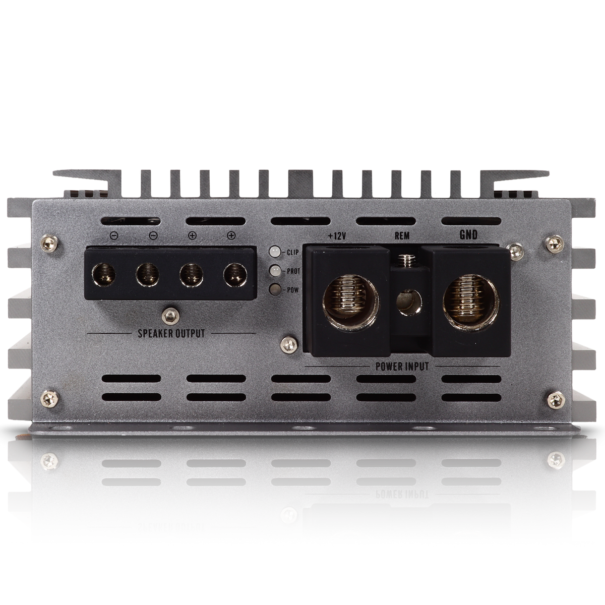 The Sundown Audio SAEv4-2000.1D Amplifier is a silver Class D car audio amplifier with a textured finish, featuring speaker outputs, power inputs, additional connection ports, visible heat sink fins for improved thermal control, and labeled connection points.