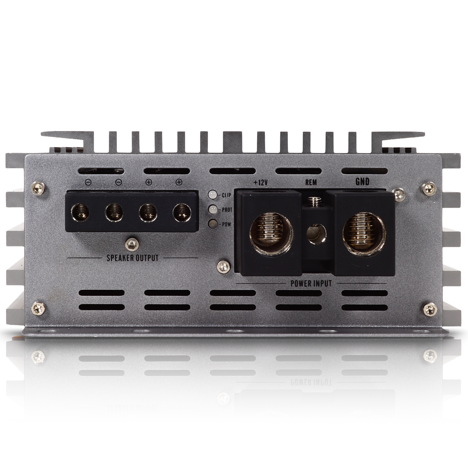 The Sundown Audio SAEv4-2000.1D Amplifier is a silver Class D car audio amplifier with a textured finish, featuring speaker outputs, power inputs, additional connection ports, visible heat sink fins for improved thermal control, and labeled connection points.