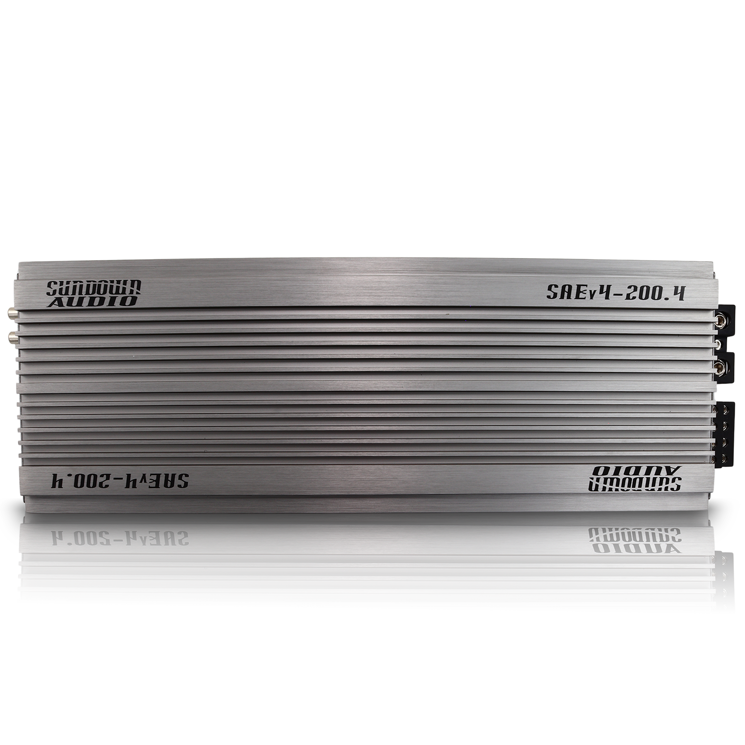 The front view of the silver Sundown Audio SAEv4-200.4 amplifier features a ribbed design displaying the brand and model. With a high-fidelity Class A/B design, it enhances sound quality, with connectors and ports located on one side.