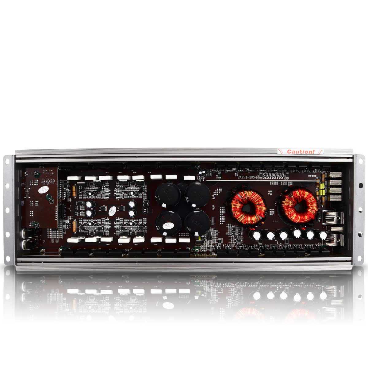 Close-up of an open Sundown Audio SAEv4-200.4 4-Channel Amplifier, showcasing its internal circuitry including circuit boards, capacitors, and red toroidal coils. The components are symmetrically arranged within a metal frame.