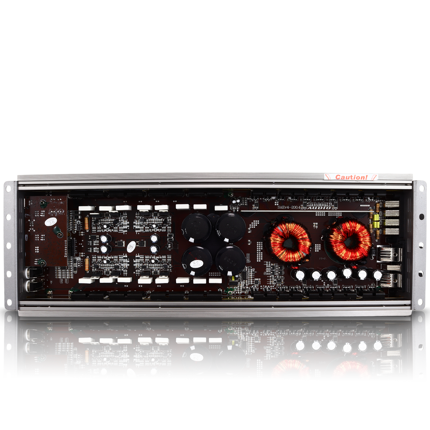 Close-up of an open Sundown Audio SAEv4-200.4 4-Channel Amplifier, showcasing its internal circuitry including circuit boards, capacitors, and red toroidal coils. The components are symmetrically arranged within a metal frame.