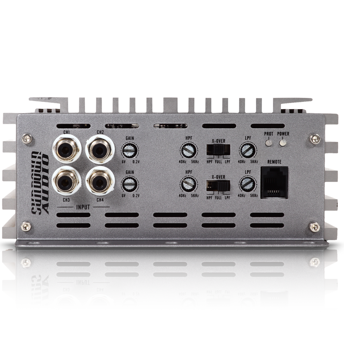 Close-up of the Sundown Audio SAEv4-200.4 4-Channel Amplifier highlighting its high-fidelity Class A/B design, complete with gain adjustment knobs, high-pass and low-pass filter switches, and a variety of audio inputs and power connections.
